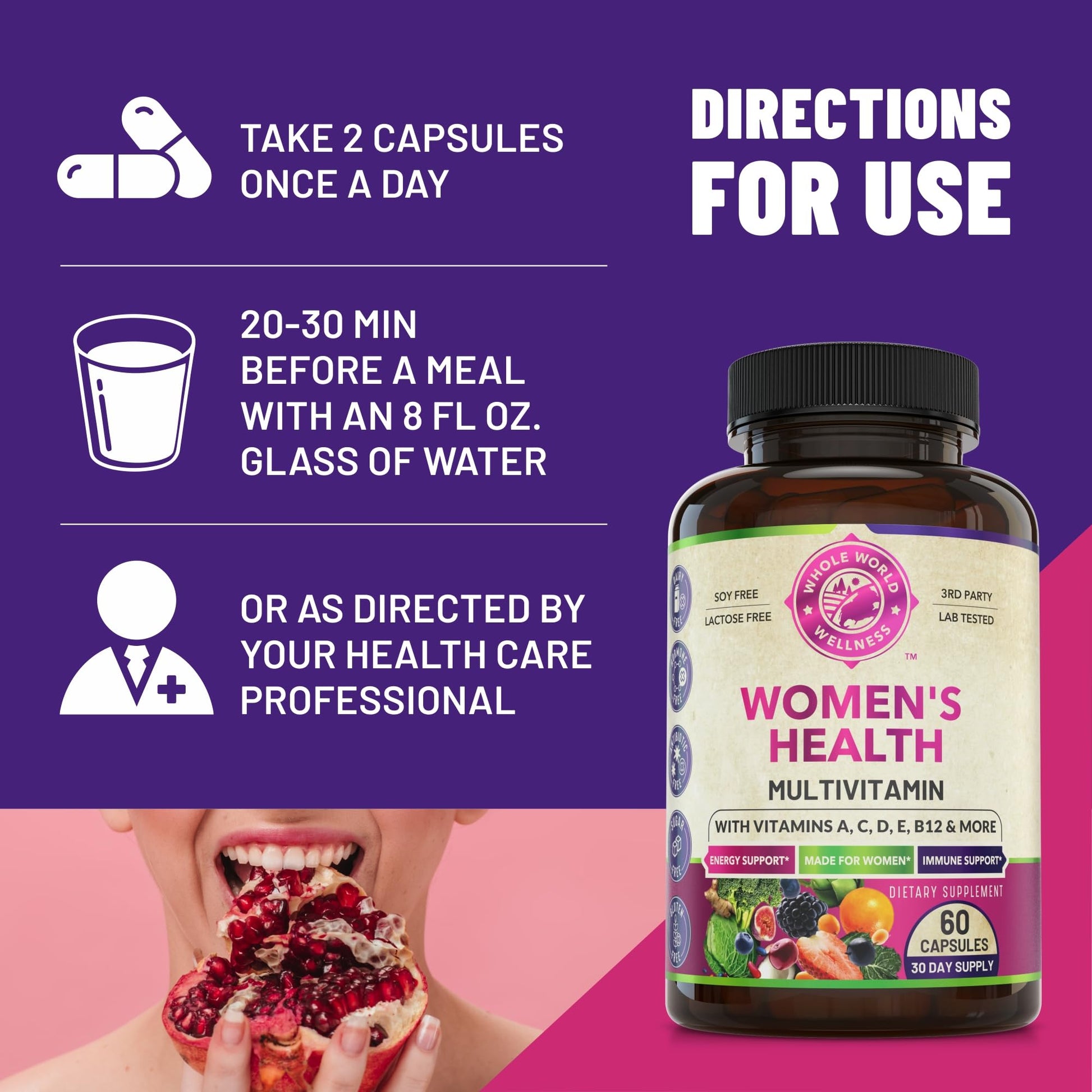 WHOLE WORLD WELLNESS Womens Daily Multivitamin Multimineral Supplement for Energy, Mood, Focus, Hair, Skin & Nails. Made for Women with 30+ Nutrients, Fruit & Energy Blend. Womens Vitamins, USA Made. WHOLE WORLD WELLNESS buy supplements canada
