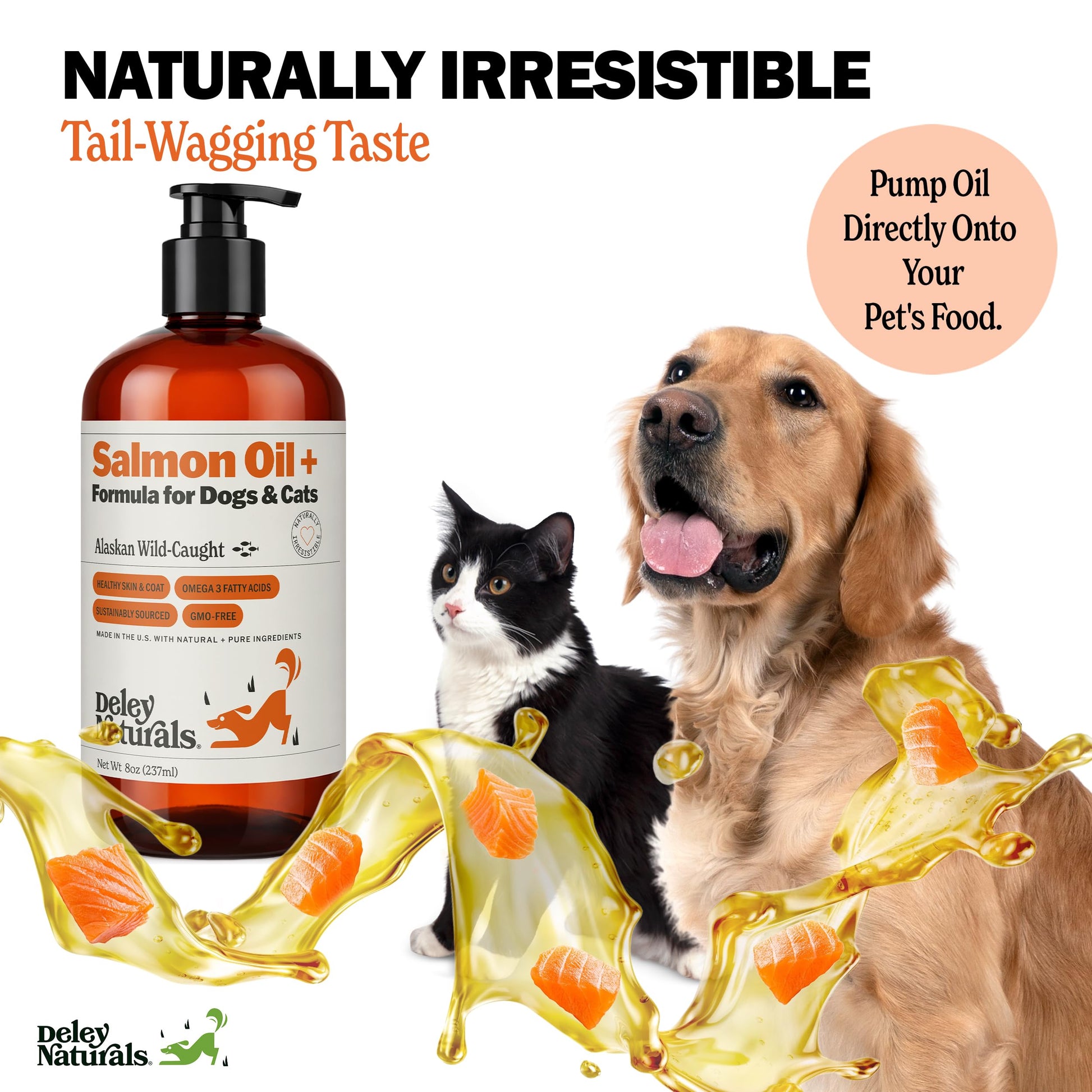 Deley Naturals Wild Alaskan Salmon Oil for Dogs & Cats - New and Improved Salmon Oil Plus Formula - Fish Oil for Dogs with Omega 3, DHA and EPA - Omega 3 for Healthy Skin and Coat - 8oz Made in USA Deley Naturals buy supplements canada