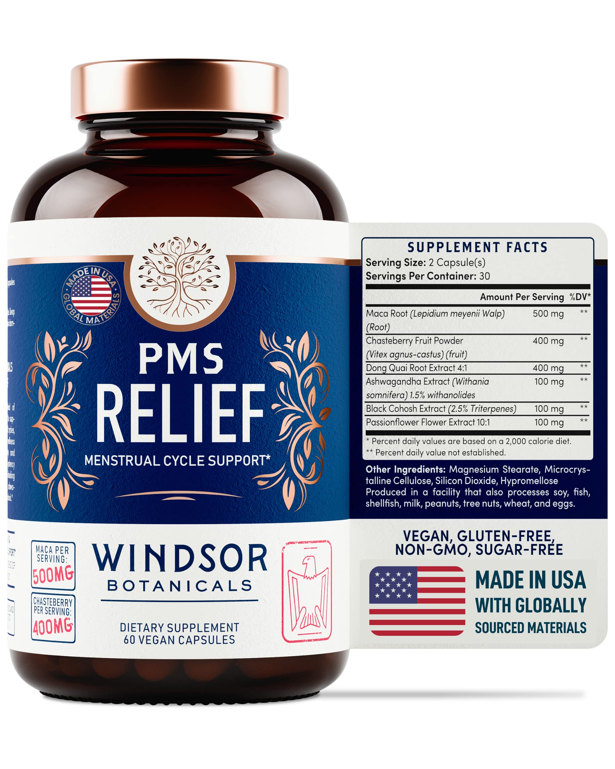 PMS Support Supplement for Women with Chasteberry, Maca Root, Ashwagandha - Period Relief, Bloating Relief for Women, Mood Support, Hormone Balance Herbal Supplements - 30 Day, 60 Vegan Capsules WINDSOR BOTANICALS buy supplements canada