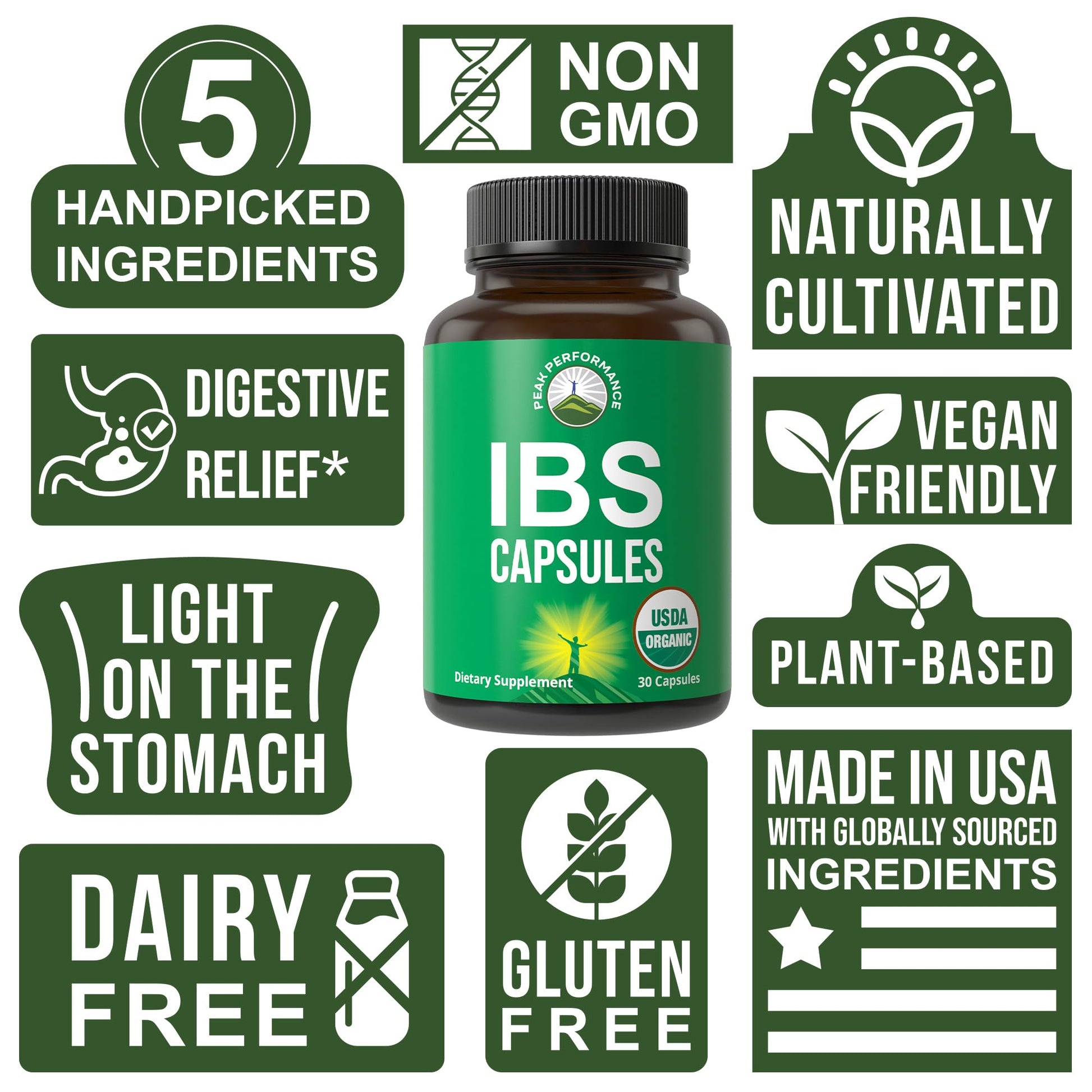 USDA Organic IBS Capsules for Relief, Ingestion, Bloating, Gas. Irritable Bowel Supplement with 5 Handpicked Organic Ingredients. Peppermint Oil, Sea Buckthorn, Fennel Seed, Rosemary Leaf, Basil Leaf Peak Performance buy supplements canada