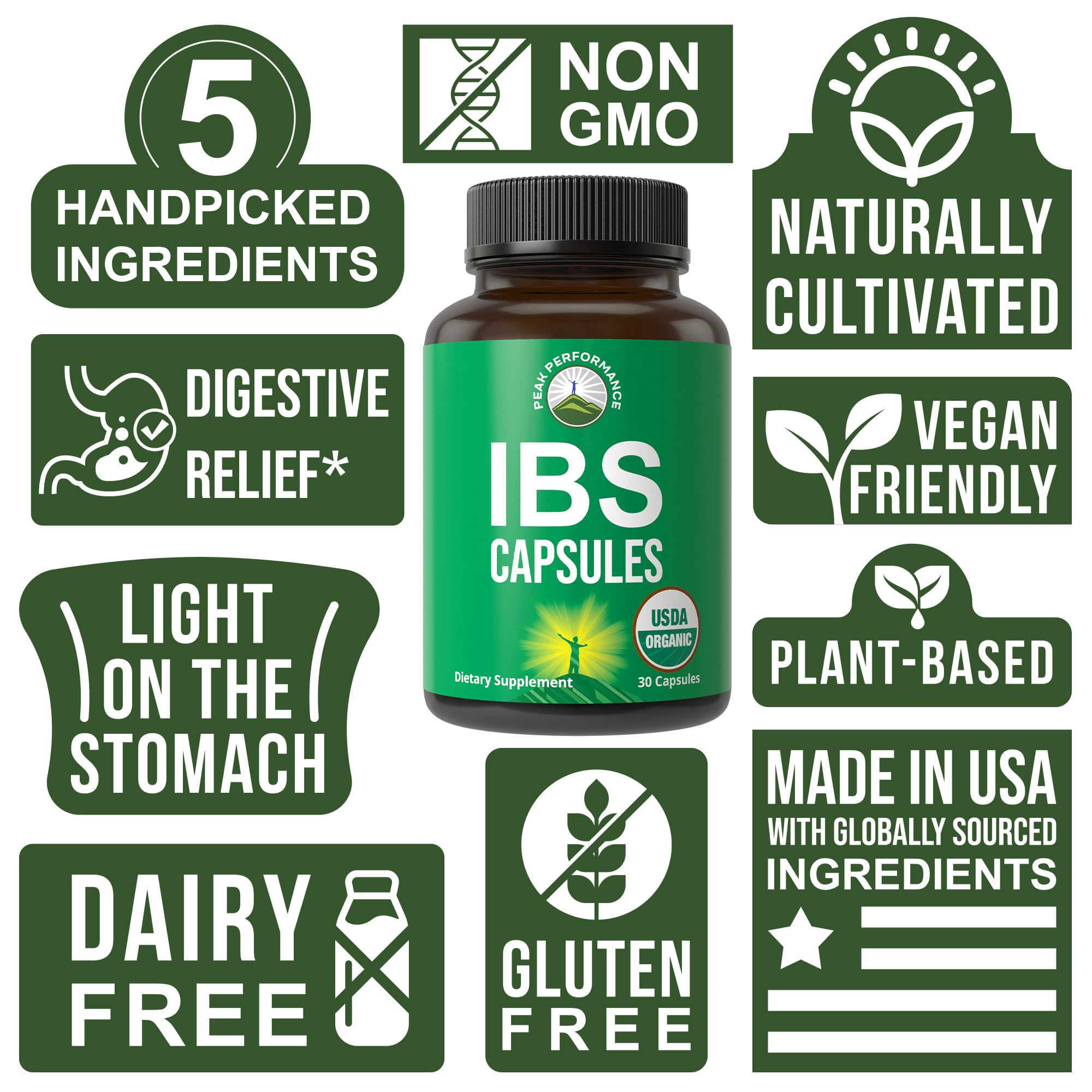 USDA Organic IBS Capsules for Relief, Ingestion, Bloating, Gas. Irritable Bowel Supplement with 5 Handpicked Organic Ingredients. Peppermint Oil, Sea Buckthorn, Fennel Seed, Rosemary Leaf, Basil Leaf Peak Performance buy supplements canada