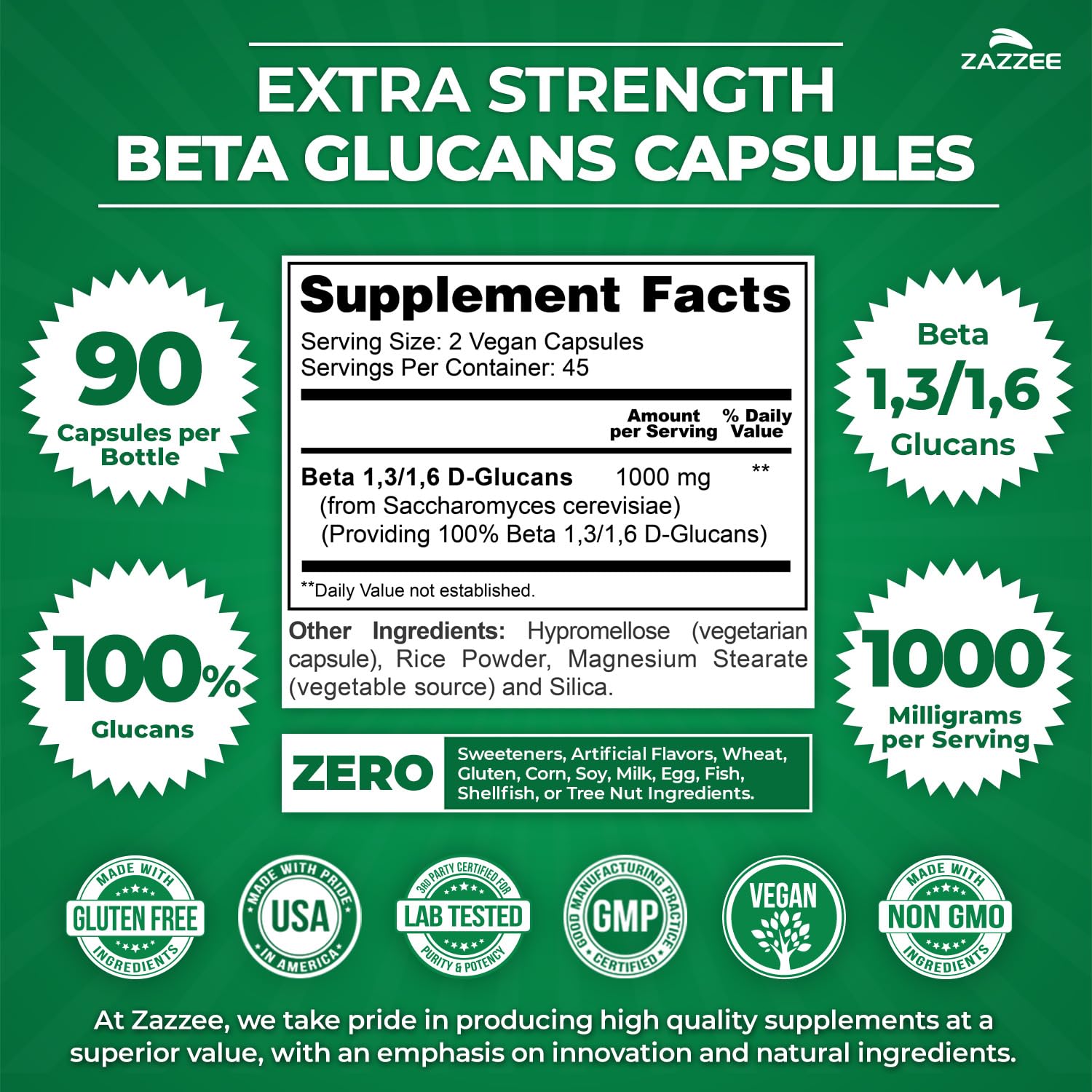 Zazzee Extra Strength 1,3/1,6 Beta Glucans, 1000 mg, 100% Concentrated, 90 Vegan Capsules, Supports a Healthy Immune System, 100% Vegetarian, All-Natural and Non-GMO Zazzee buy supplements canada