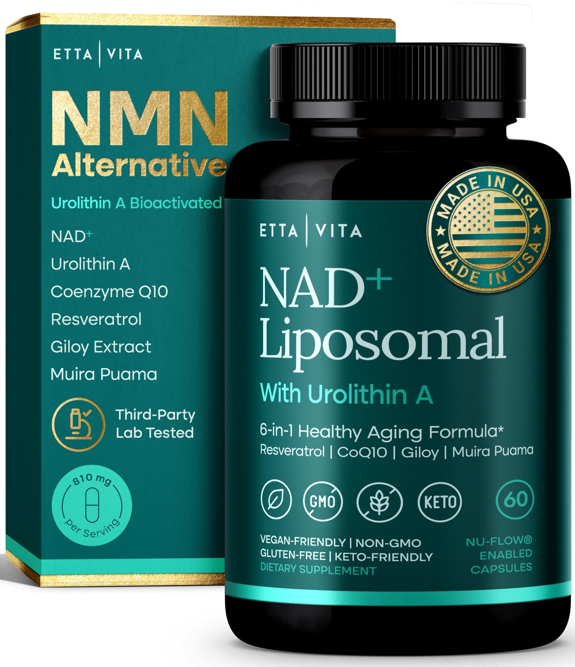 Liposomal NAD+ Supplement - Resveratrol, Urolithin A, CoQ10 & Muira Puama (Made in USA) NAD Supplement for Natural Energy, Brain Fog, Digestion, Detox, Gut Health, Microbiome, NR NMN Replacement Etta Vita buy supplements canada