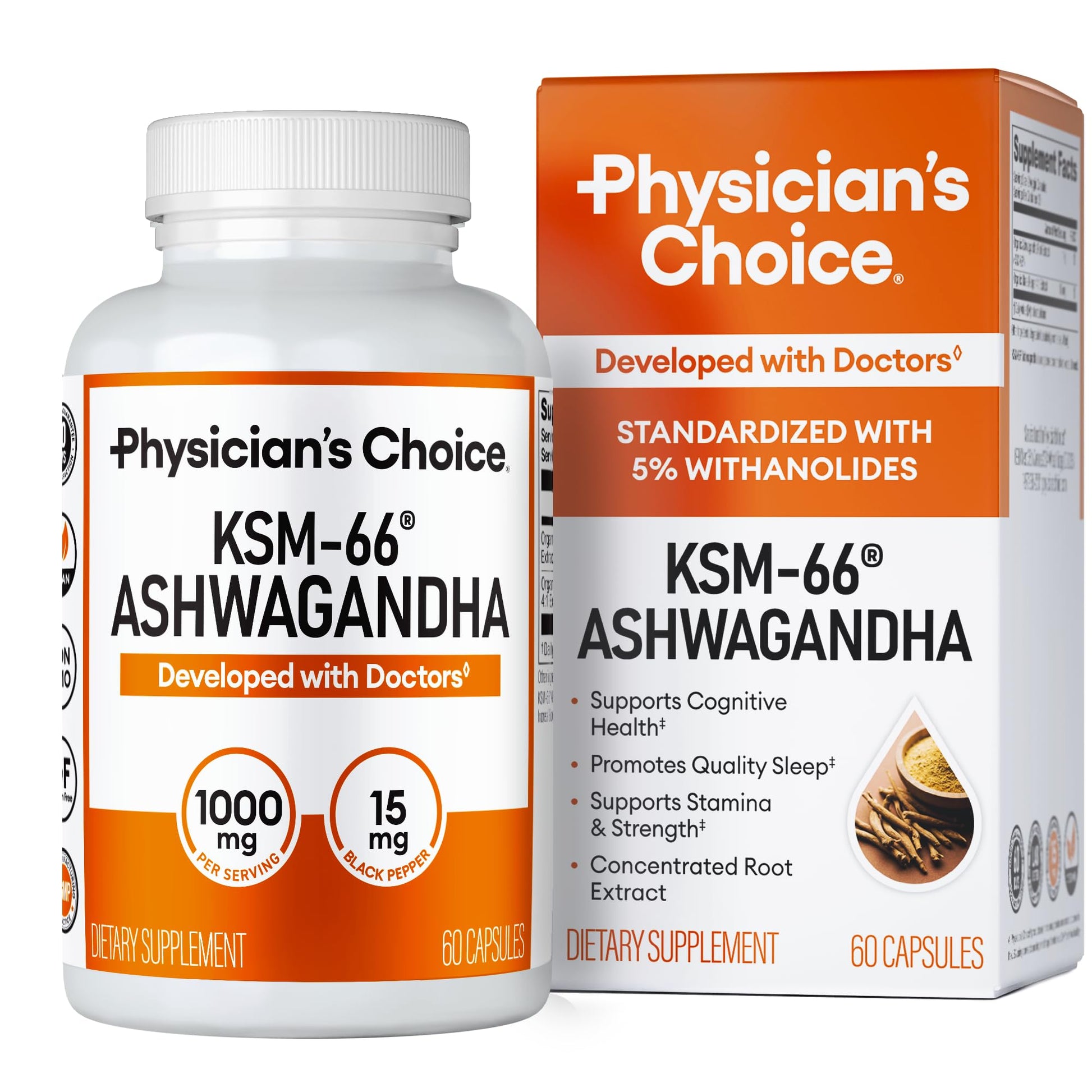 Physician's CHOICE KSM-66 Ashwagandha Root Powder Extract 1,000mg - Organic - with Black Pepper for Maximum Absorption - 5% Withanolides - Stress, Mood & Athletic Support - 60 Vegan Capsules Physician's CHOICE buy supplements canada