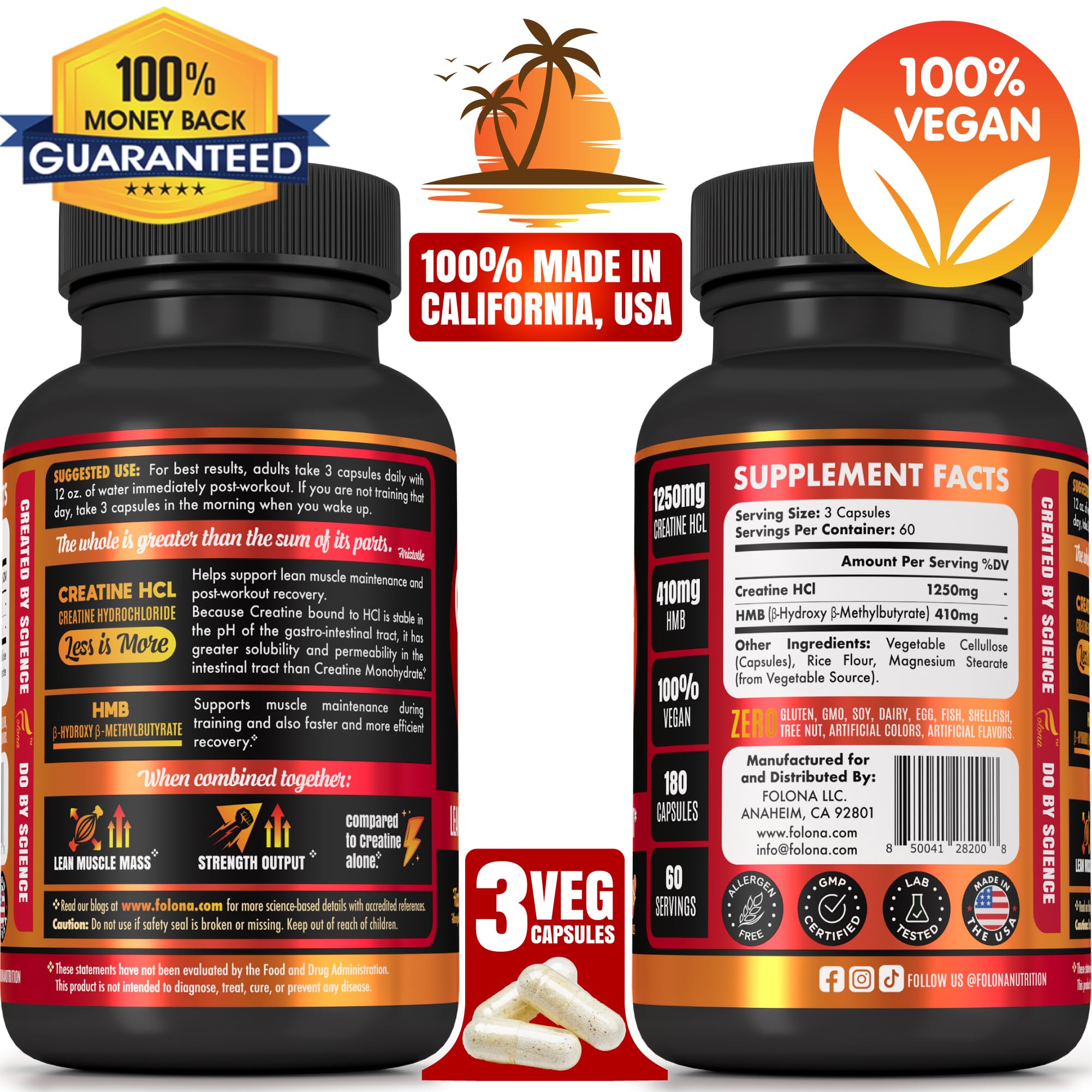 Creatine HCL Capsules with HMB - Workout Supplement for Men & Women, Muscle Builder, Endurance, Strength, Superior to Monohydrate: Instantized for Max Absorption, No Load FOLONA buy supplements canada