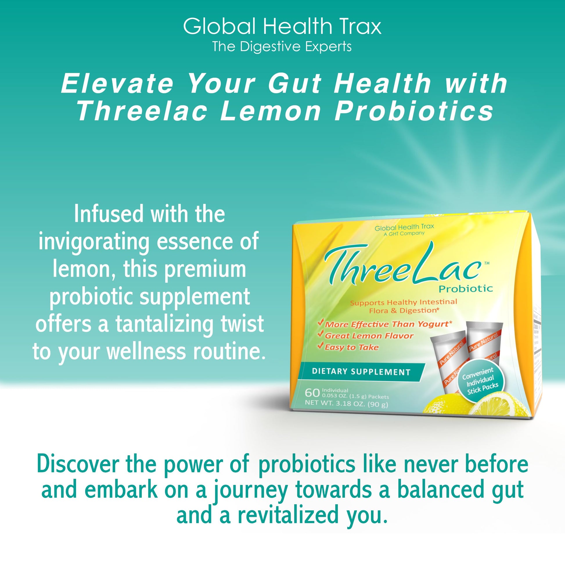 Global Health Trax GHT - ThreeLac Lemon Probiotic Drink Mix for Digestive Health - Advanced Probiotic Powder Formula for Men, Women & Kids - Immune Support & Gut Balance, Non-GMO - 60 Packets ght Global Health Trax buy supplements canada