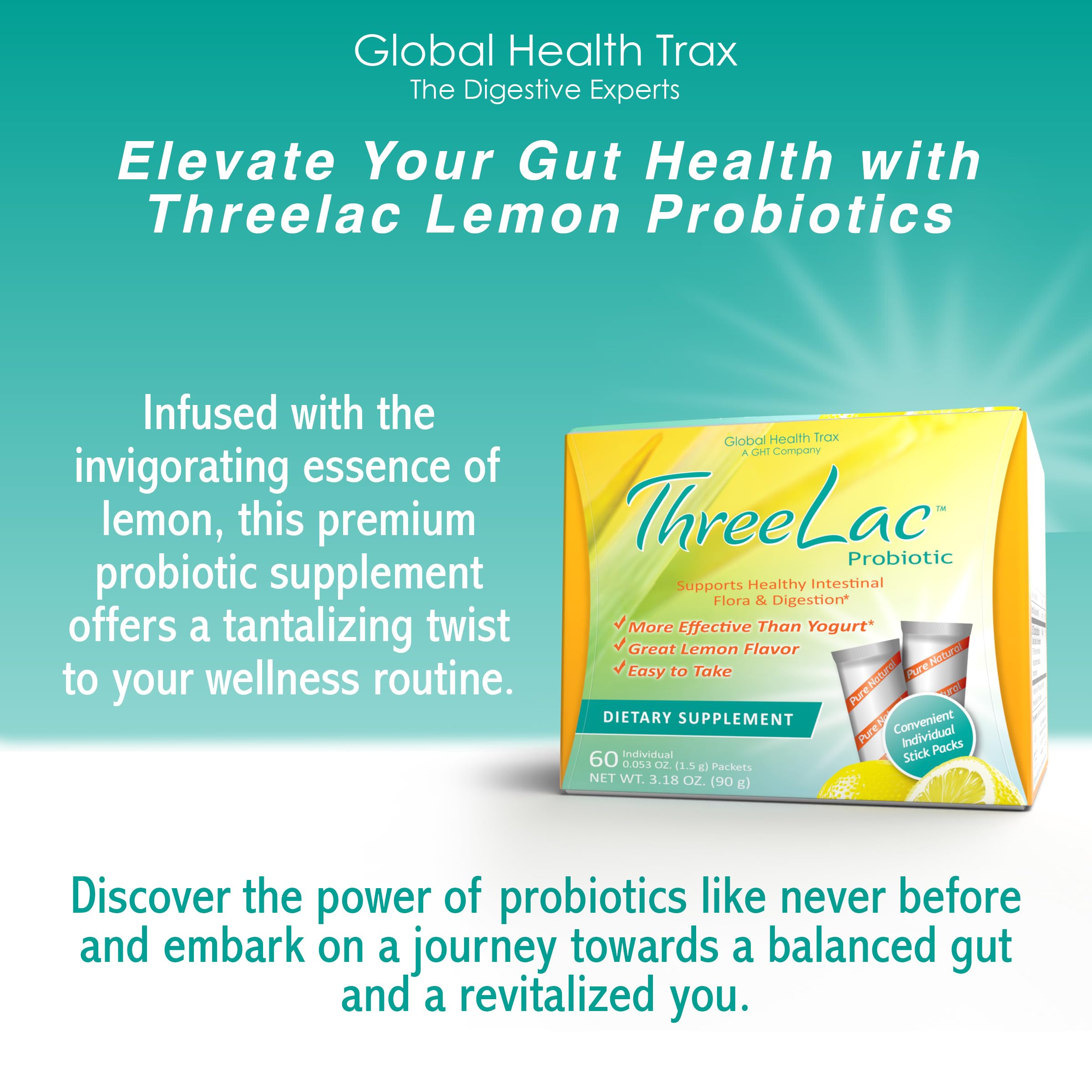 Global Health Trax GHT - ThreeLac Lemon Probiotic Drink Mix for Digestive Health - Advanced Probiotic Powder Formula for Men, Women & Kids - Immune Support & Gut Balance, Non-GMO - 60 Packets ght Global Health Trax buy supplements canada