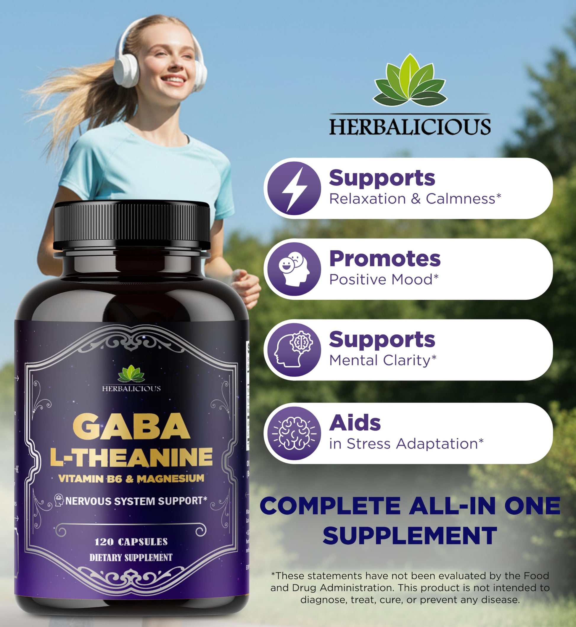HERBALICIOUS GABA L-Theanine with Magnesium – Calm & Focus Support, Stress Relief, Relaxation + Mood Balance, Brain & Memory Support Supplement – Vitamin B6 + B12 Complex – 120 Capsules HERBALICIOUS buy supplements canada