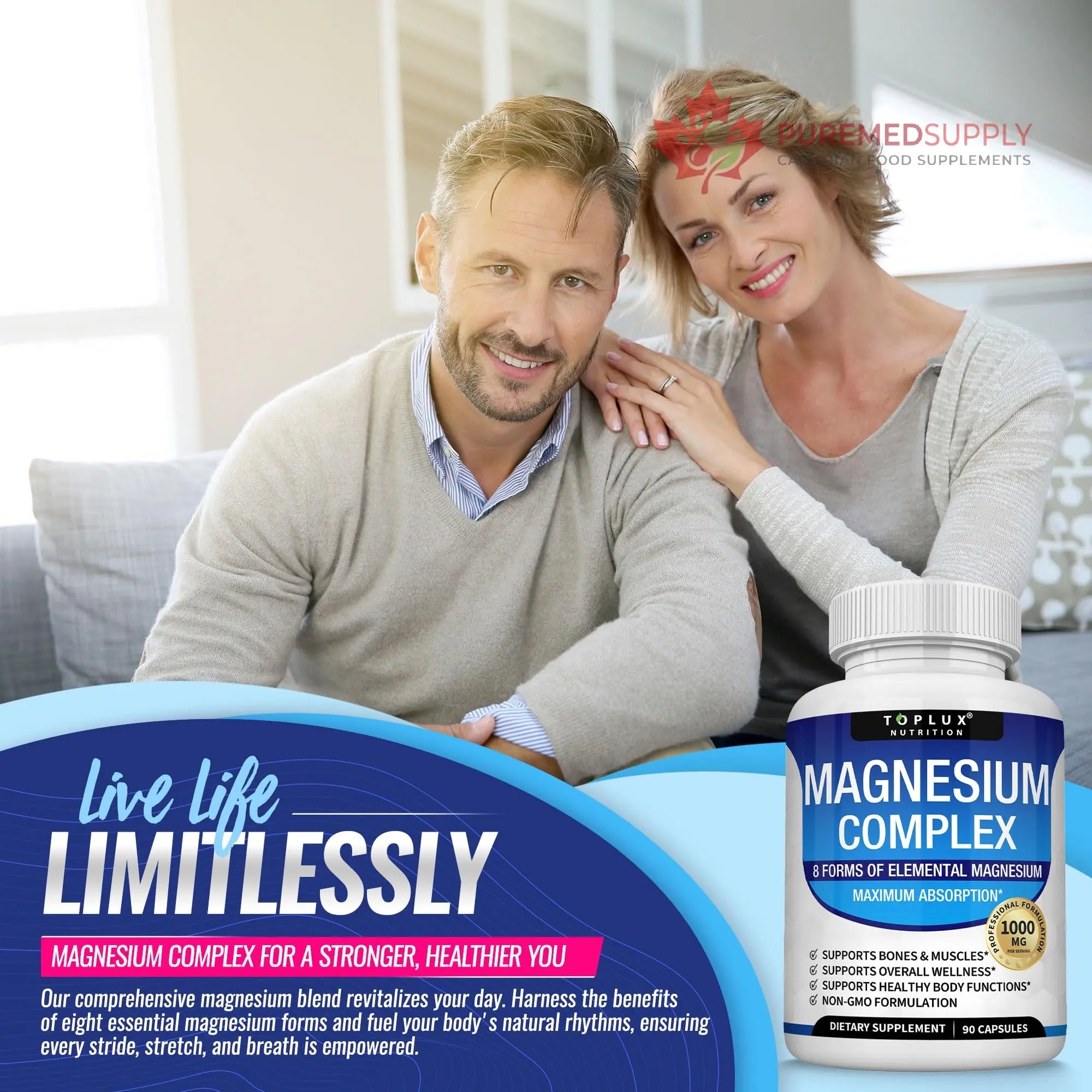 Magnesium Complex Supplement 8 Elemental 1000mg - Magnesium Glycinate, Citrate, Malate, Taurate, Chelated for Easy Absorption for Bones, Muscle, Recovery, Energy, Vegan Non-GMO 90 Capsules Toplux buy supplements canada