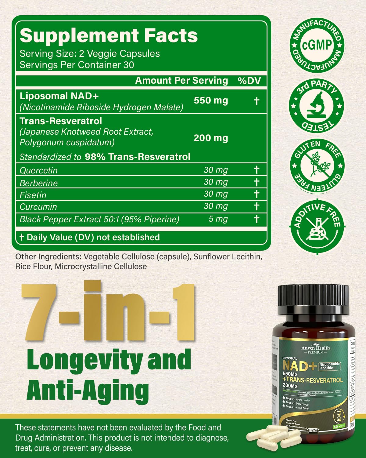 Anven Health Liposomal NAD+ Resveratrol Supplement - NMN Alternative with Trans-Resveratrol, Quercetin & Fisetin - NAD Plus for Women and Men, Cellular Energy & Healthy Aging, Non-GMO | 180 Capsules Anven Health buy supplements canada