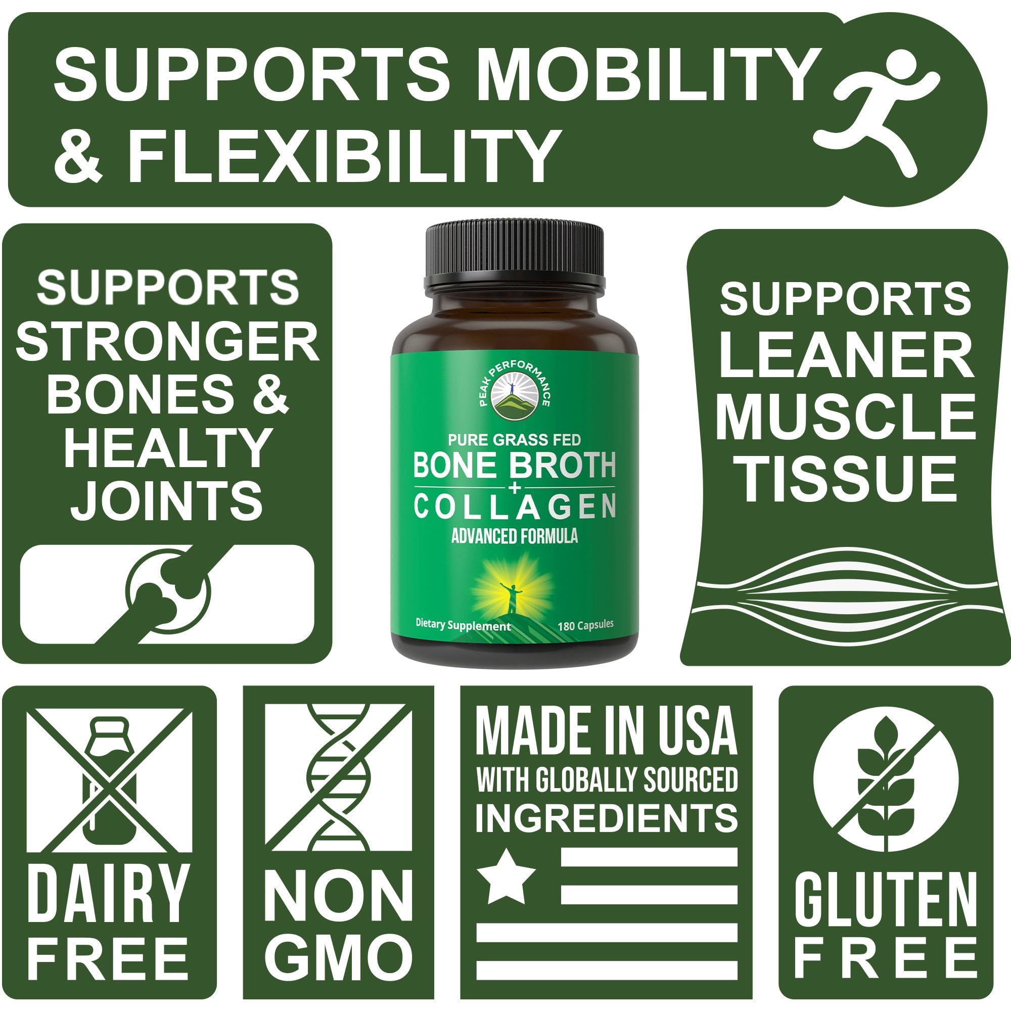 Bone Broth Collagen Capsules. 180 Pills of Grass Fed Bone Broth Collagen Protein Peptides. Contains All 3 Types 1, 2, and 3. Pure Pasture Raised Paleo Friendly Tablets for Women and Men Peak Performance buy supplements canada