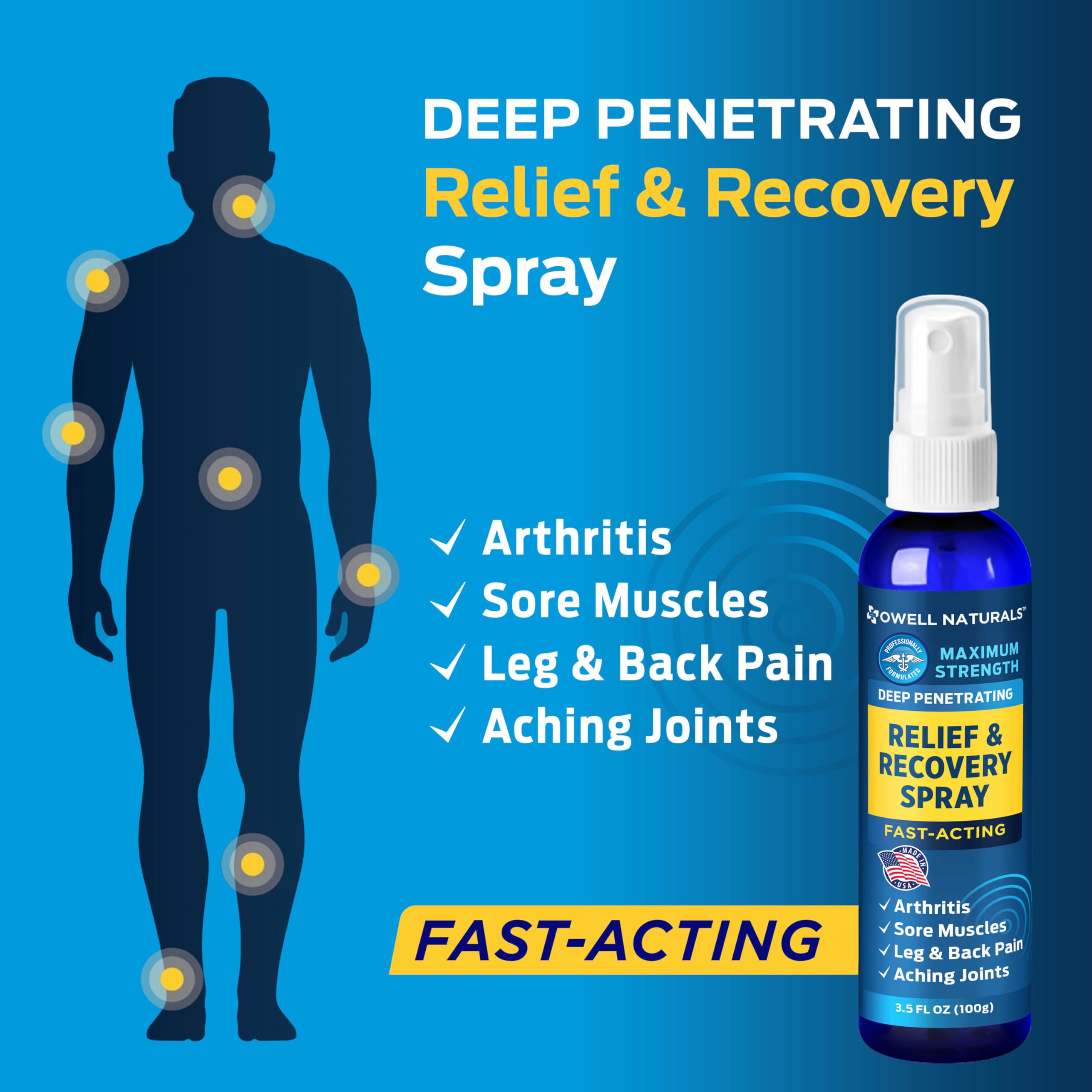 OWELL NATURALS Deep Penetrating Pain Relief Liquid Spray, Fast-Acting, Long Lasting, Natural Relief for Muscle Aches, Joint Pain, Stiffness, Quick Dry Formula, 3.5 oz Owell Naturals buy supplements canada