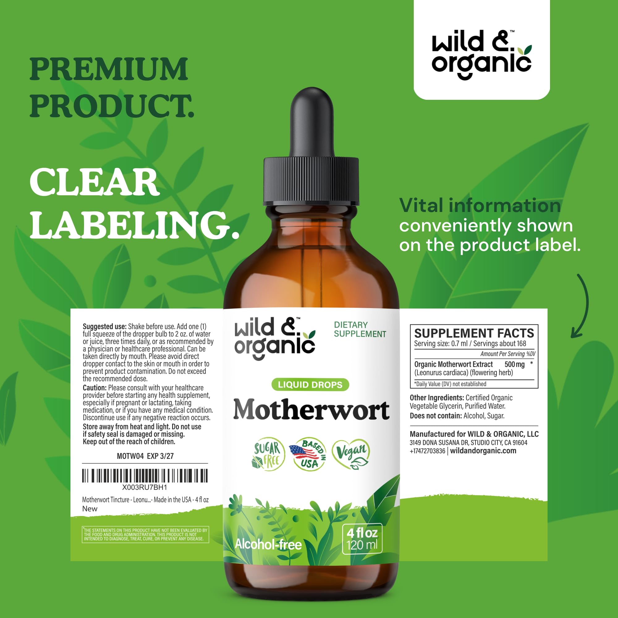 Wild & Organic Motherwort Tincture - Good Mood, Calmness, Overall Support - Supplements for Women with Motherwort Herb - Vegan, Sugar & Alcohol-Free Extract Drops - 4 fl oz Wild & Organic buy supplements canada