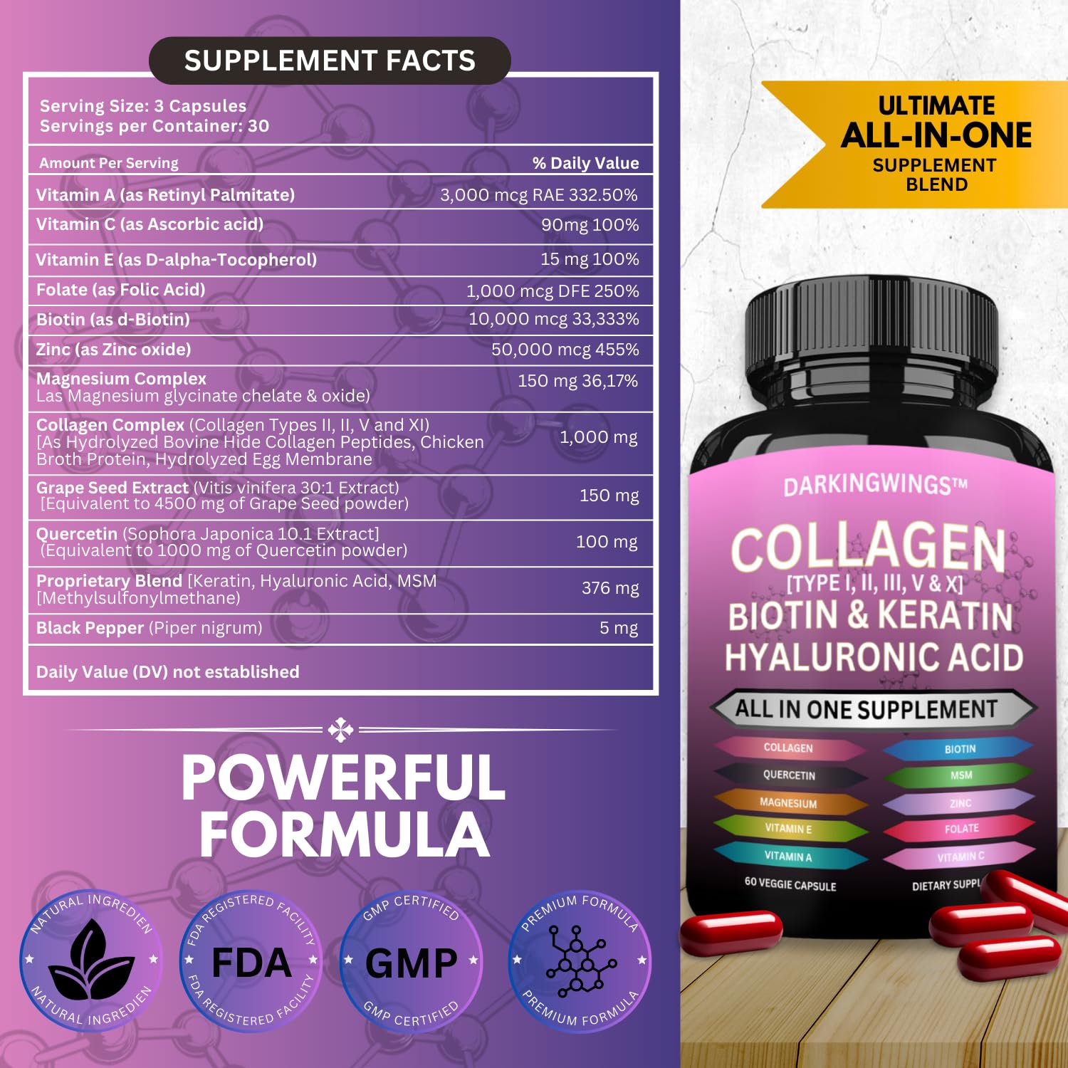 Multi Collagen Pills Peptides Types I, II, III, V & X MCG Biotin Keratin Hyaluronic Acid MSM Vitamin C Zinc Magnesium with Grape Seed Extract, Quercetin - Hair Skin and Nails Vitamins Capsule Darkingwings buy supplements canada