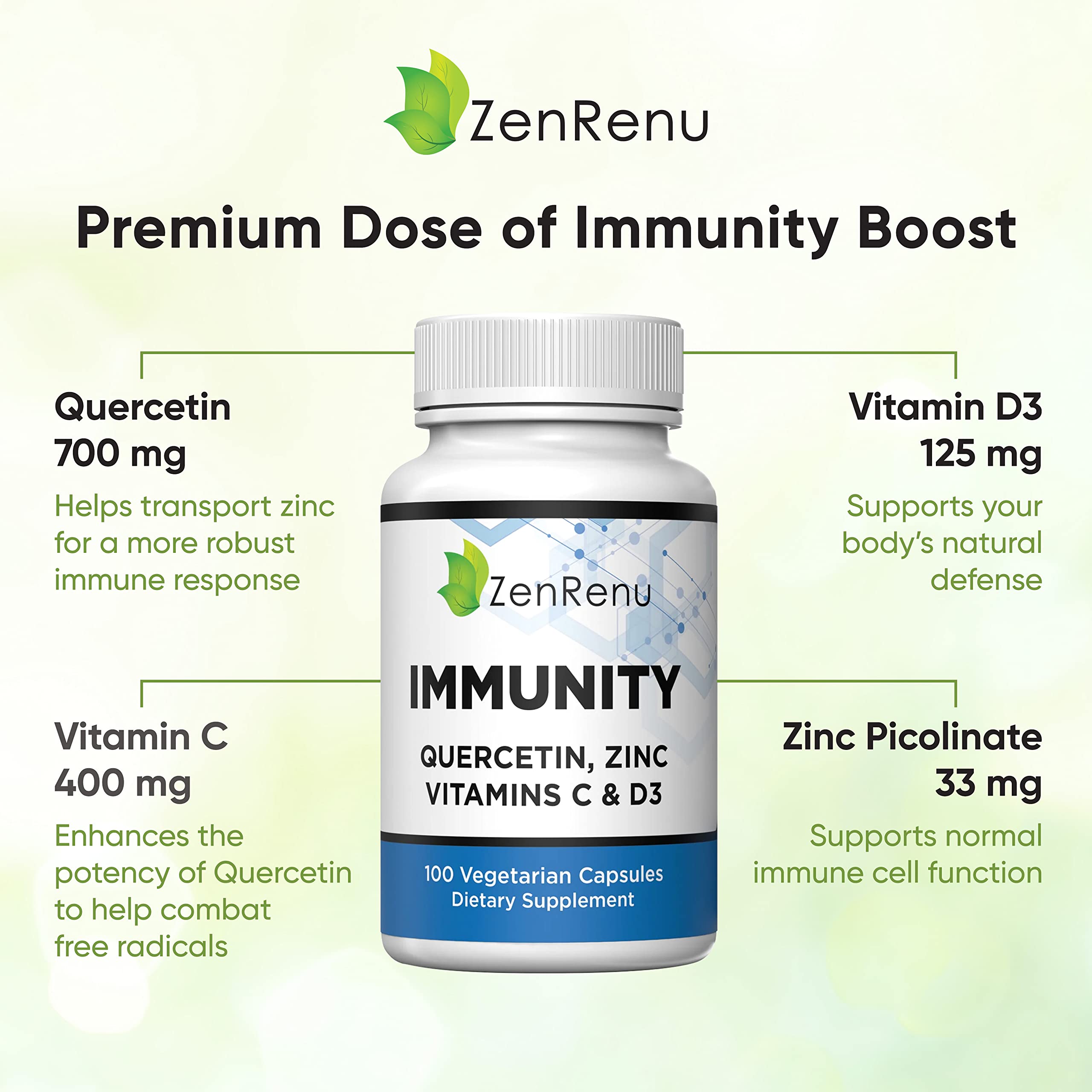 Zenrenu Immunity Quercetin 700 mg Zinc Vitamin C Vitamin D Immune Support Supplement with Curcumin - Easy to Absorb Immunity Supplement, 100 Vegetarian Capsules 50 Day Supply Zenrenu buy supplements canada