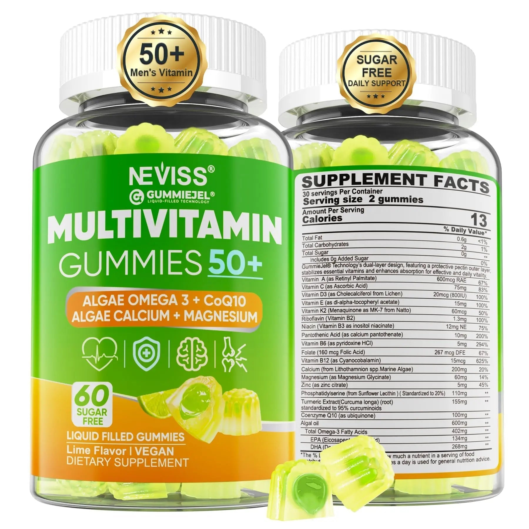 Multivitamin for Men 50 + Plus, Sugar Free Men Multivitamins Gummies w/Omega-3, Coq10, D3k2, Calcium, Magnesium NEVISS buy supplements canada