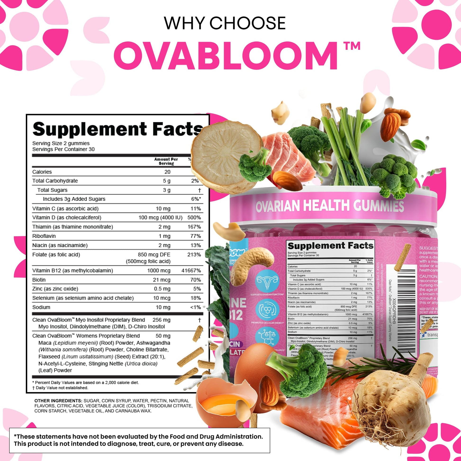 OVA Bloom Ovarian Support Gummies Myo Inositol D-Chiro Inositol Choline Flax Biotin Riboflavin Thiamin Niacin Ashwagandha DIM Maca Root Vitamin C D3 B12 Zinc 60 Count By Clean Nutra Clean Nutraceuticals buy supplements canada