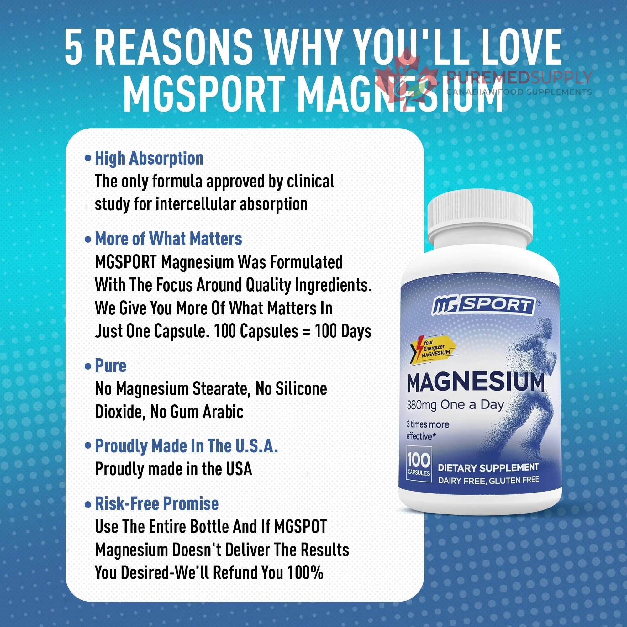 MGSPORT Magnesium Supplement 380mg - High Absorption Magnesium Complex Formula with Vitamins B6, D, E - Supports Muscle Function and Sleep Quality - 100 Servings MgSport buy supplements canada