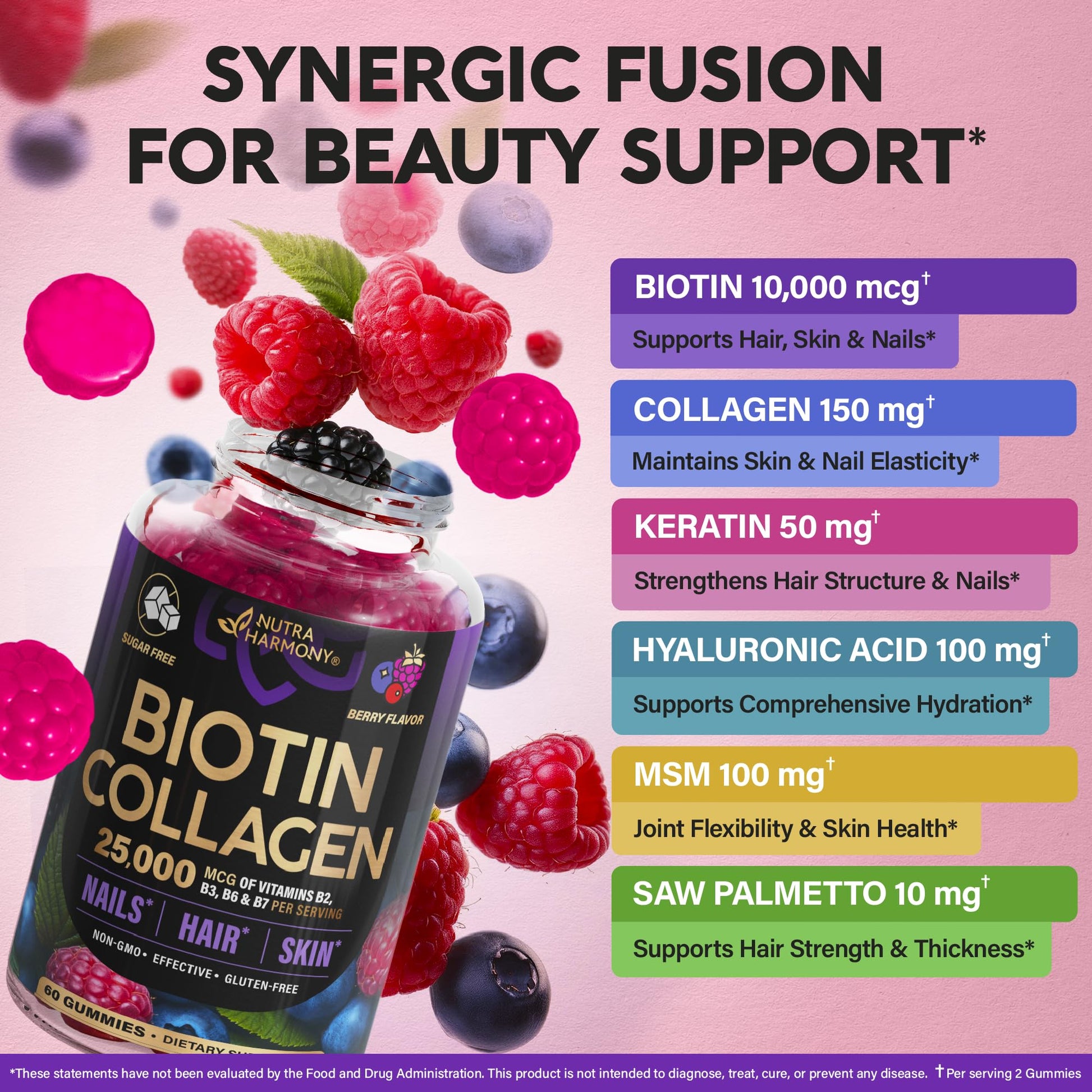Biotin Gummies with Collagen - Hair Growth Support Skin, & Nail Strength - for Women & Men - Biotin 10000mcg | Keratin | Hyaluronic Acid | B-Complex | Saw Palmetto NUTRAHARMONY buy supplements canada
