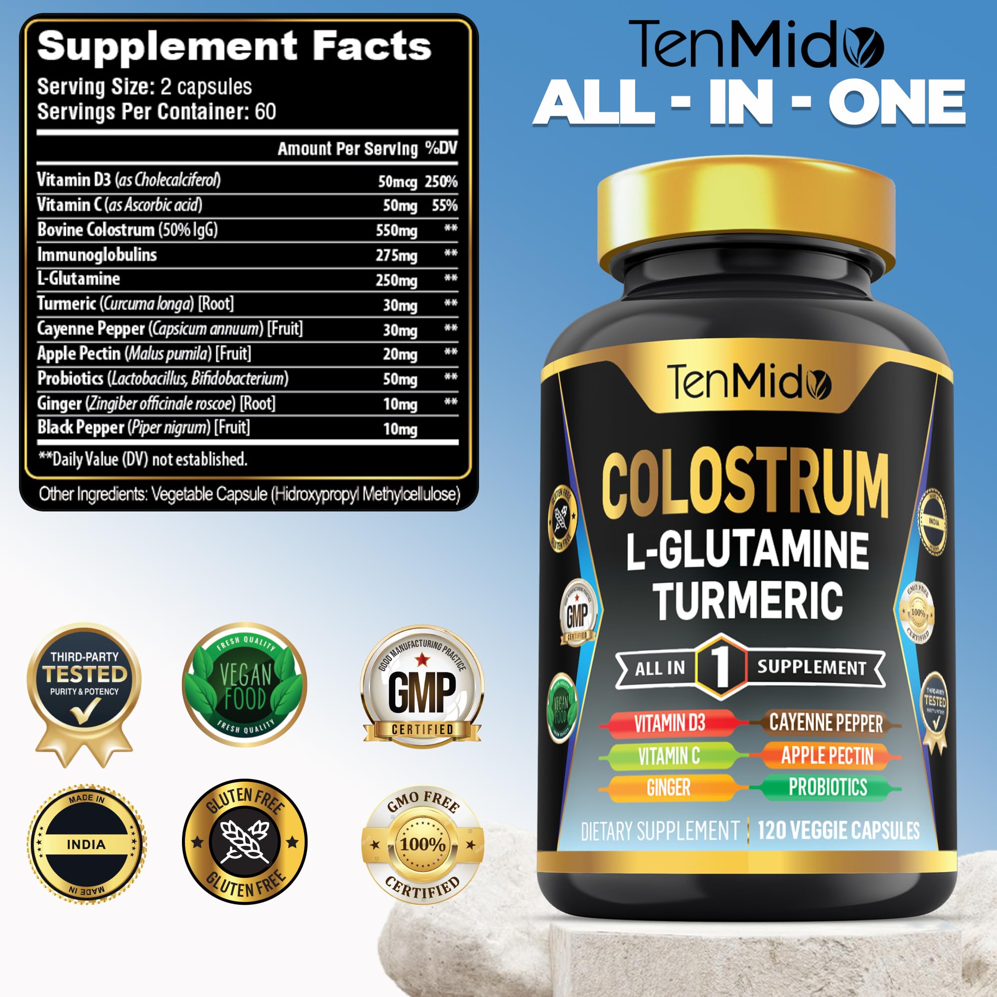 Tenmido Colostrum Supplement - 10in1 Formula - Combine with L- Glutamine, Turmeric, Cayenne Pepper, Apple Pectin, Probiotics, Ginger, and More - Digestive Health, Immune Support - 120 Capsules Tenmido buy supplements canada