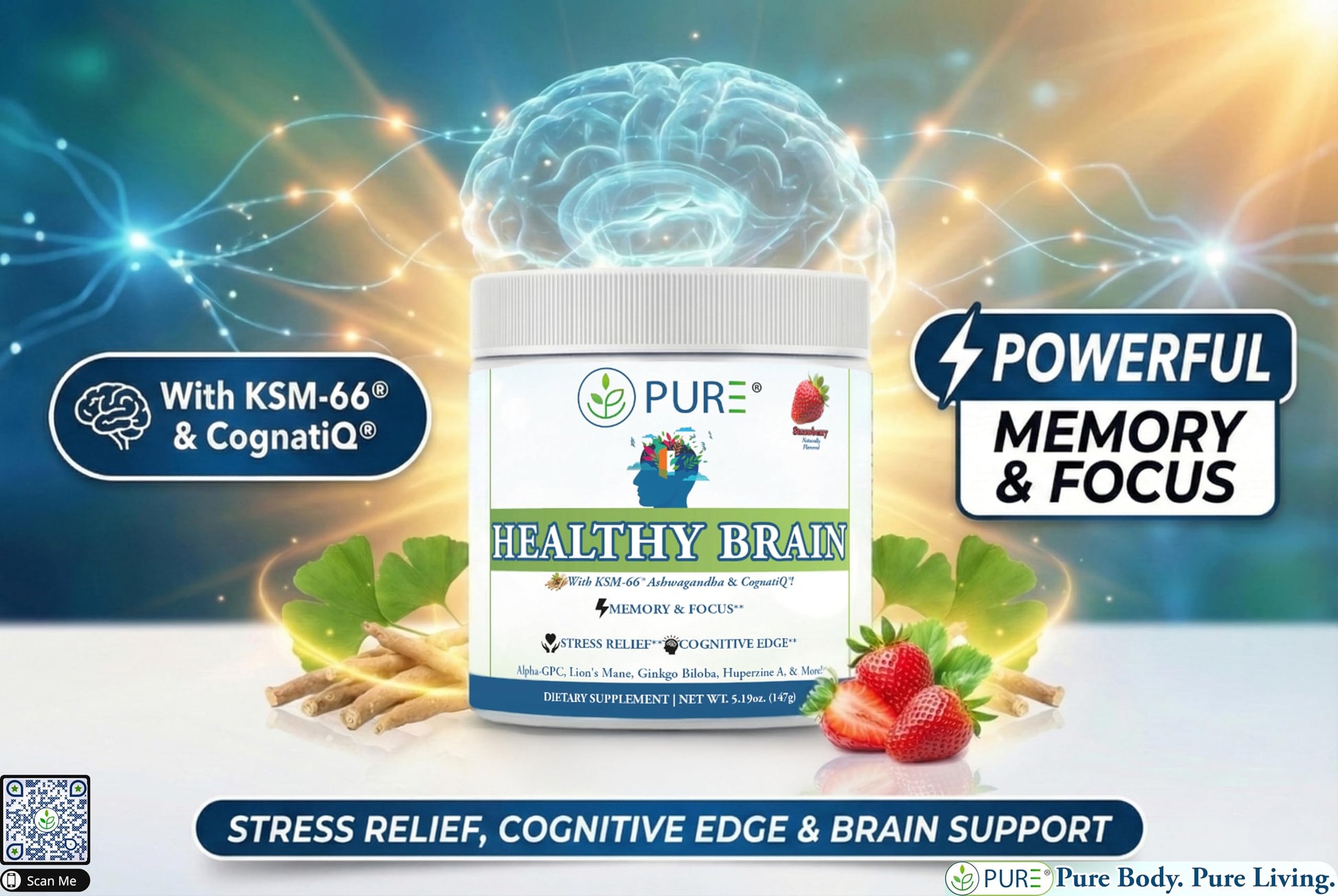 PURE® Healthy Brain Nootropic Powder - 30 Servings - 1.25g Lion’s Mane, 600mg Alpha-GPC & KSM-66® Ashwagandha - Cognitive Support for Memory, Focus & Stress Relief - 147 Grams, Strawberry Flavor! PURE buy supplements canada