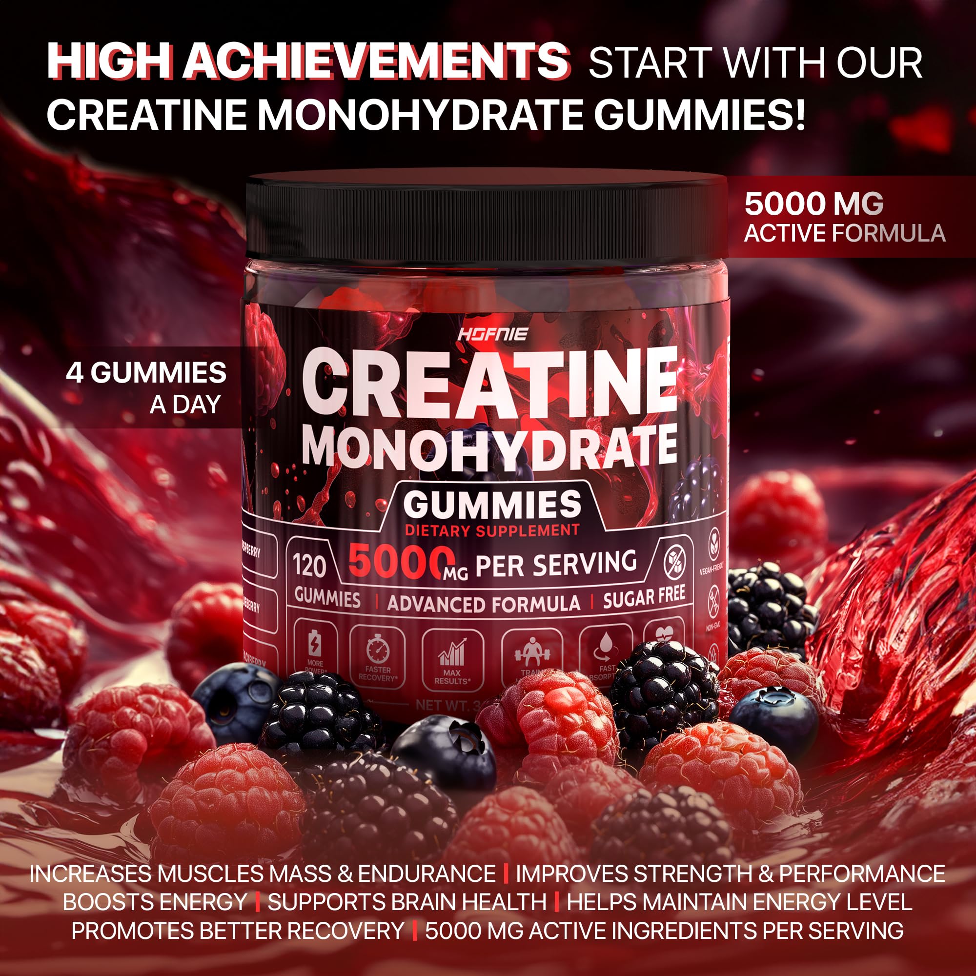 Hofnie Creatine Monohydrate Gummies 5000 mg – Vegan, Sugar-Free Pre Workout Creatine for Men & Women – Raspberry & BlackBerry Flavored Chewable Creatine Monohydrate, 120 Gummies (30-Day Supply) Hofnie buy supplements canada