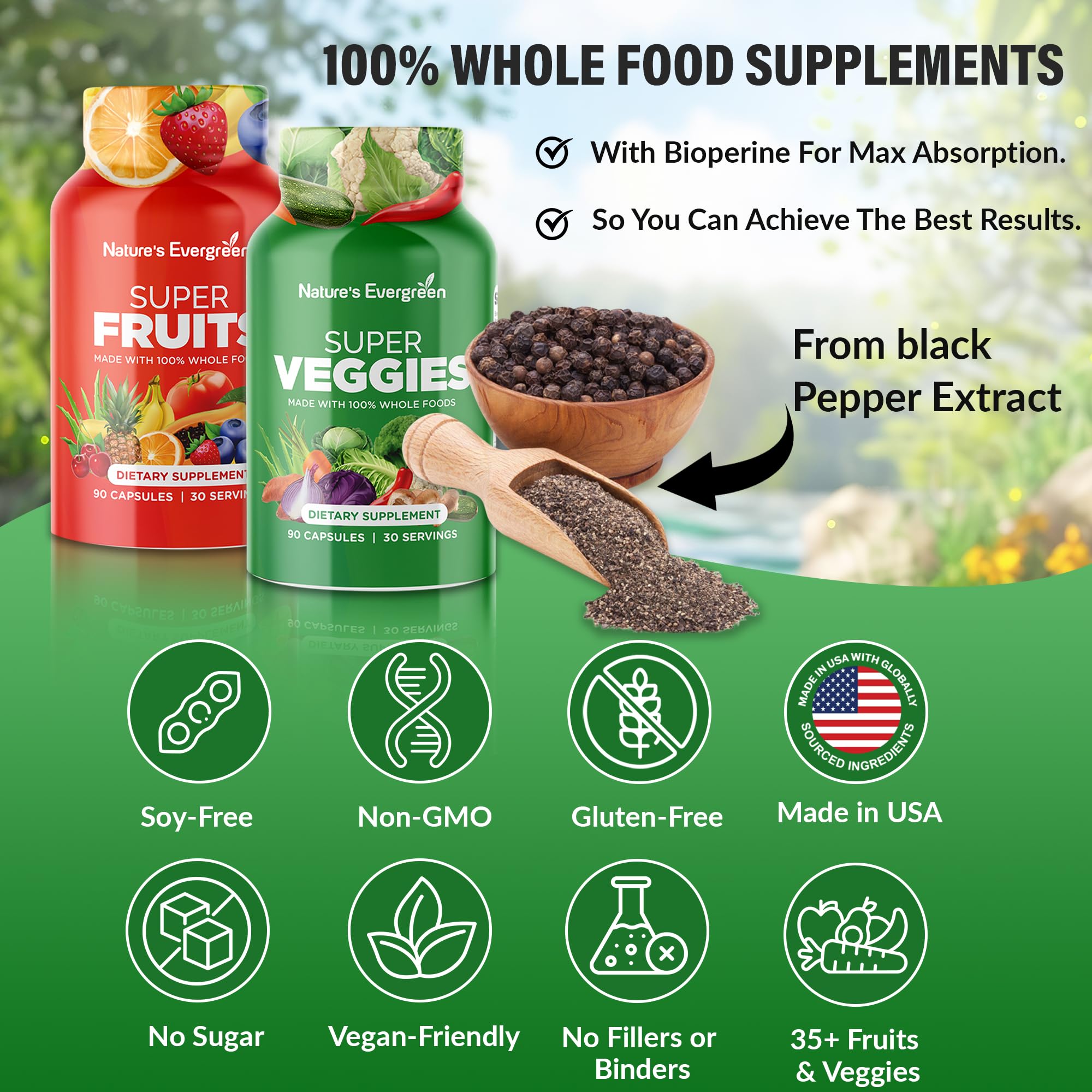 Fruits and Veggies Supplement - Nature Fruits and Vegetables Supplements - Vegan, Non GMO, Soy Free, Superfood Vitamins & Minerals Nutritional Balance - (Total 180 Capsules - Pack of 2) Made in USA Nature's Evergreen buy supplements canada