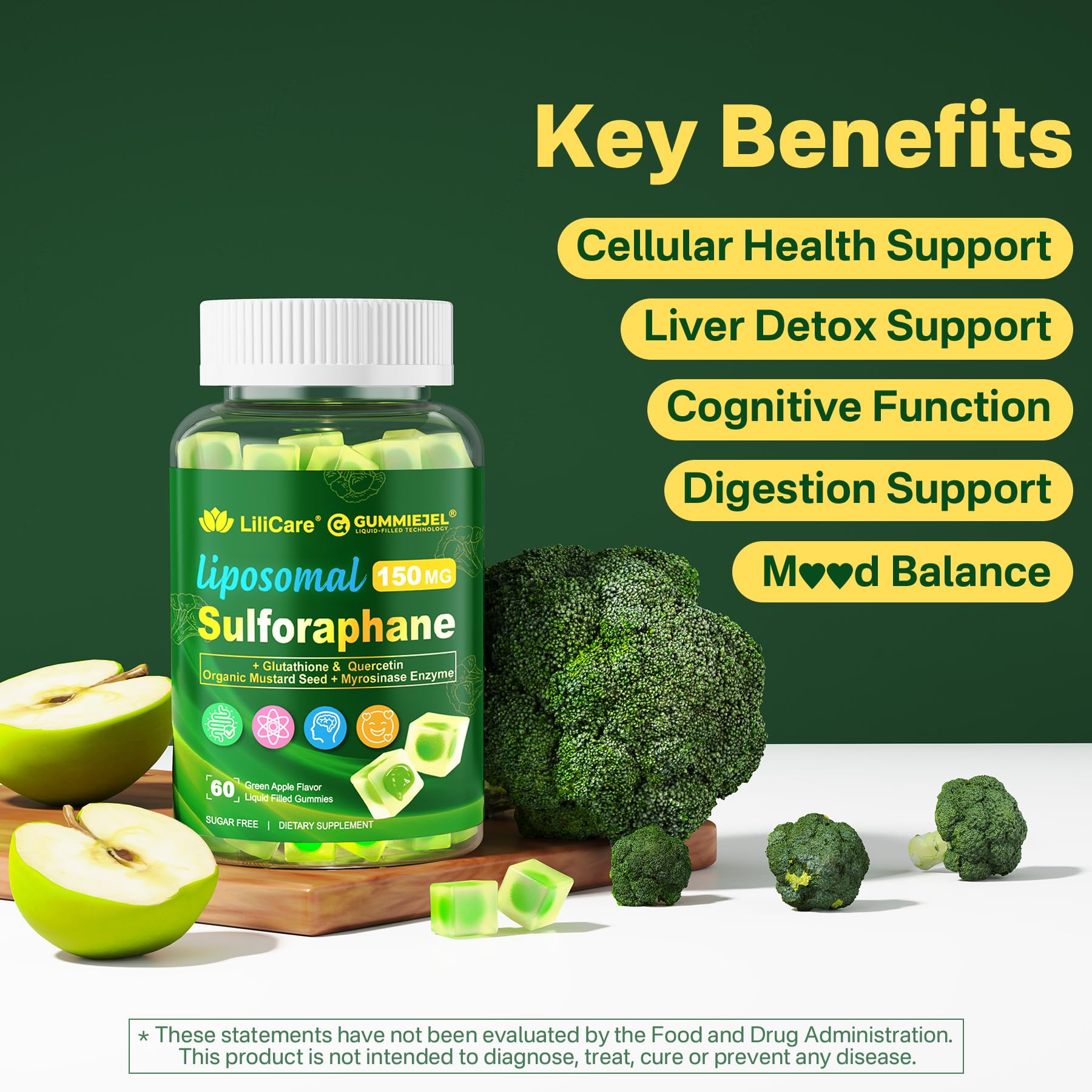 Liposomal Sulforaphane Supplement 150mg, from Broccoli Seed Extract w/Myrosinase, Quercetin, Glutathione, Sulforaphane Supplement Gummies for Antioxidants Detox Cellular Brain Health, Chewable 60Cts LILICARE buy supplements canada