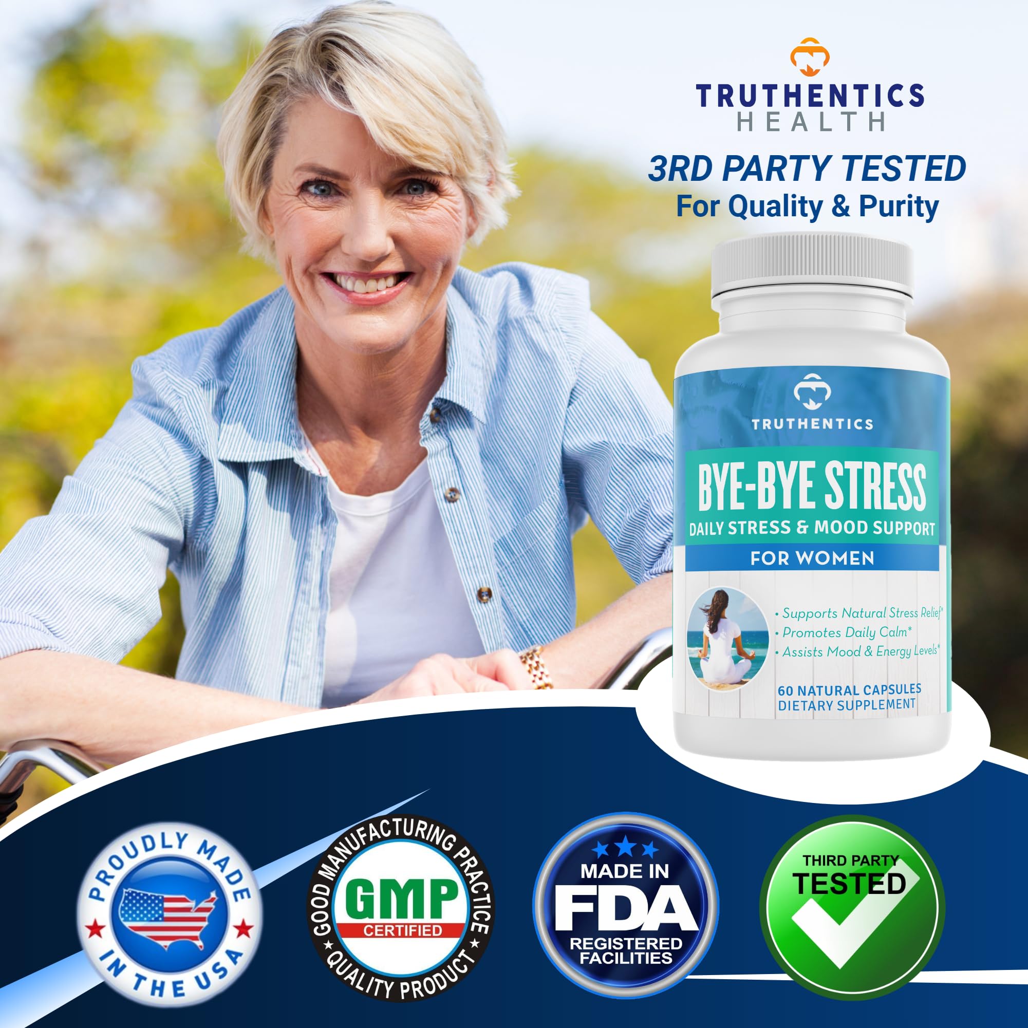 TRUTHENTICS Bye-Bye Stress - Stress & Mood Support Supplement for Women with Ashwagandha, GABA, Lemon Balm, L-Theanin & Vitamin B Complex - Vegan - 60 Capsules TRUTHENTICS buy supplements canada