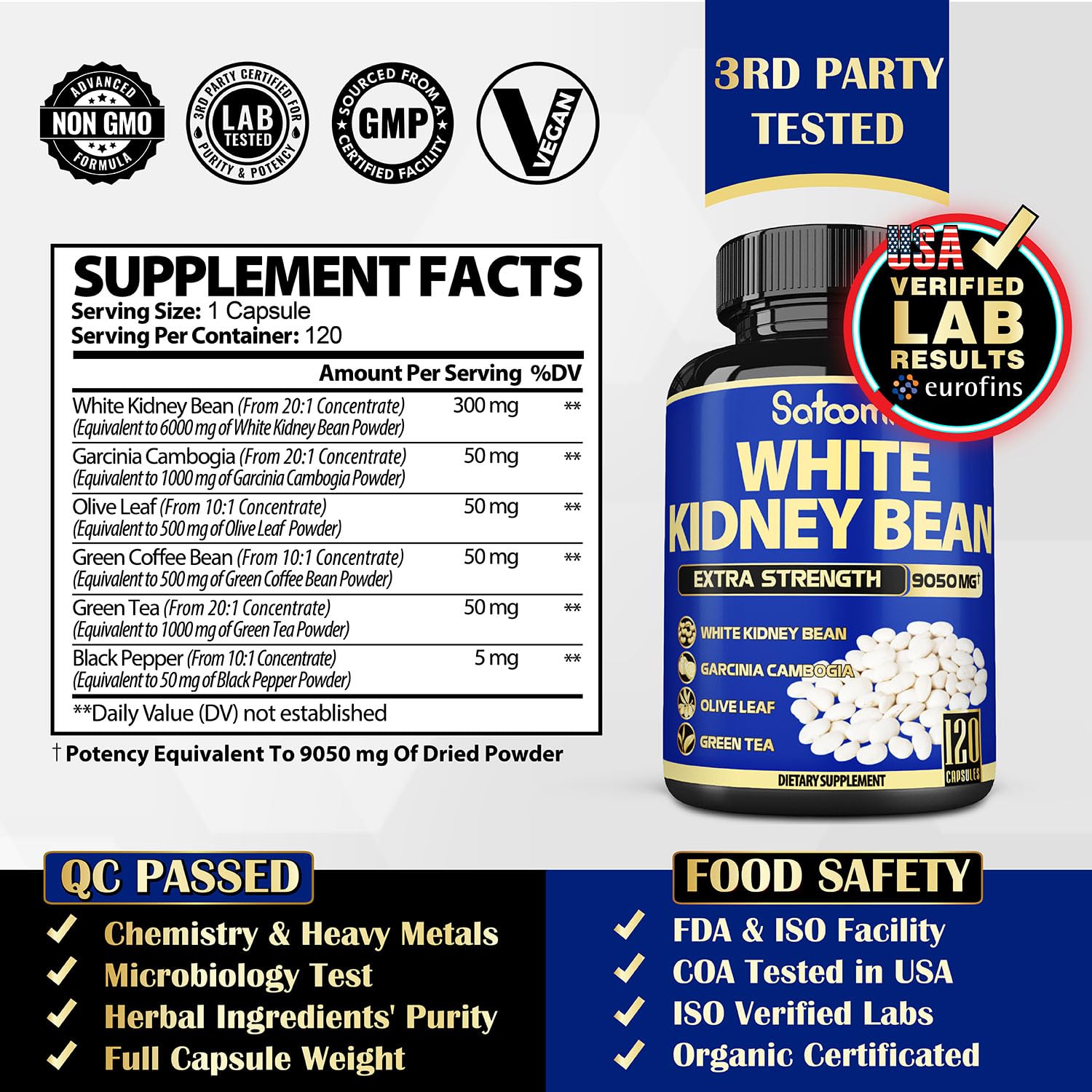 6in1 White Kidney Bean Extract Capsules 9050 Mg - with Garcinia Cambogia, Olive Leaf Satoomi buy supplements canada