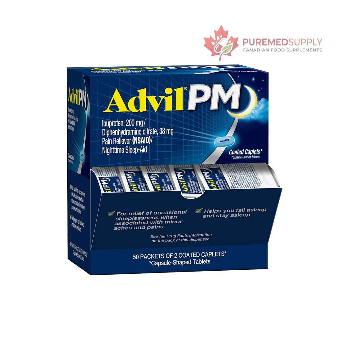 Advil PM Pain Reliever and Nighttime Sleep Aid, Pain Medicine with Ibuprofen for Pain Relief and Diphenhydramine Citrate for a Sleep Aid - 50x2 Coated Caplets Advil buy supplements canada