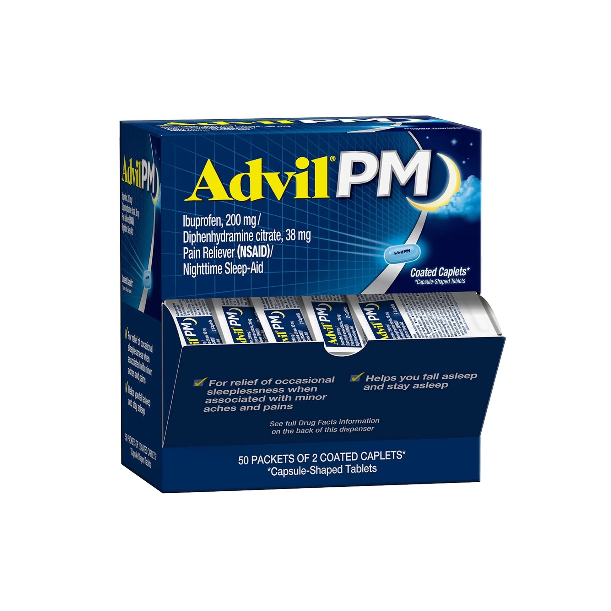 Advil PM Pain Reliever and Nighttime Sleep Aid, Pain Medicine with Ibuprofen for Pain Relief and Diphenhydramine Citrate for a Sleep Aid - 50x2 Coated Caplets Advil buy supplements canada
