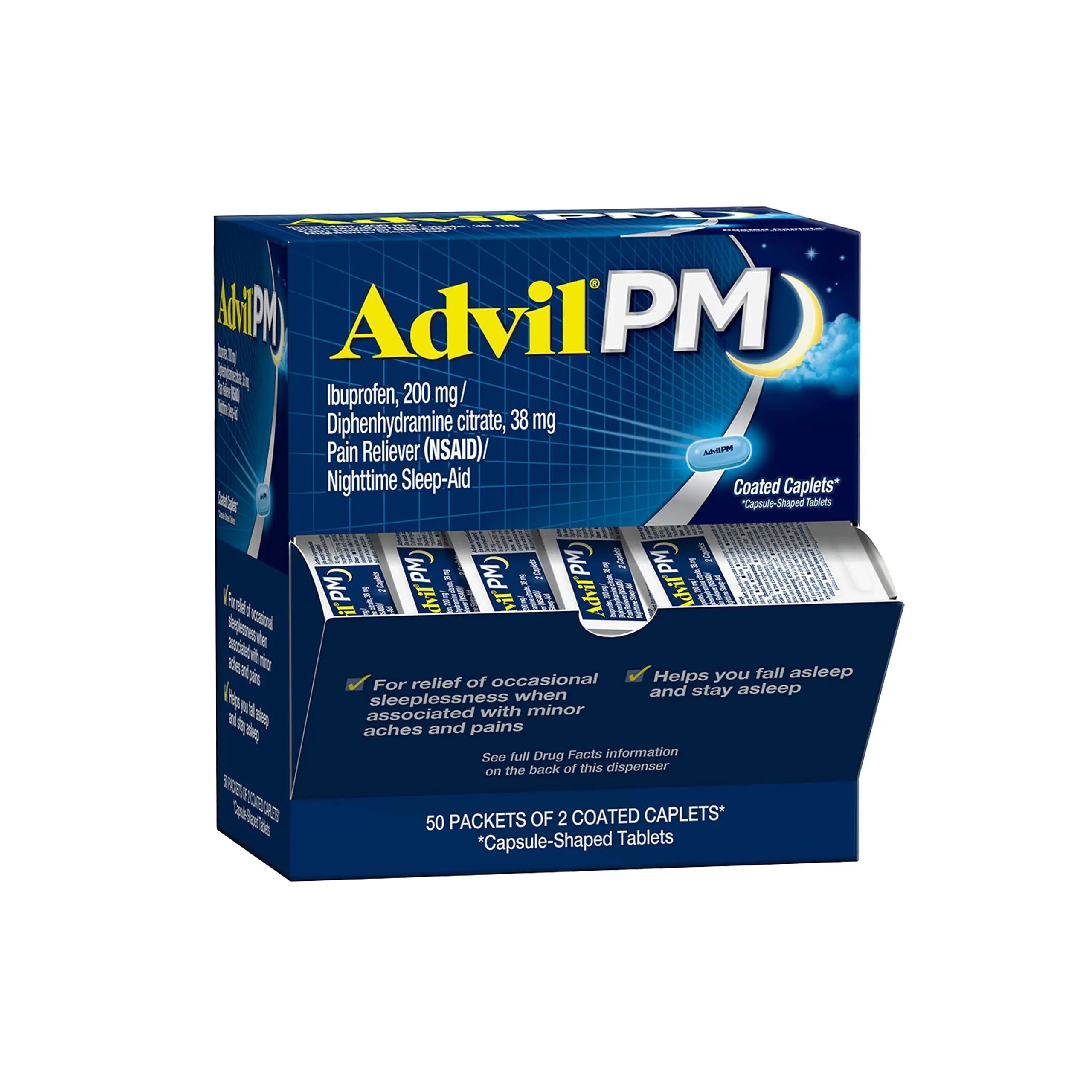 Advil PM Pain Reliever and Nighttime Sleep Aid, Pain Medicine with Ibuprofen for Pain Relief and Diphenhydramine Citrate for a Sleep Aid - 50x2 Coated Caplets Advil buy supplements canada