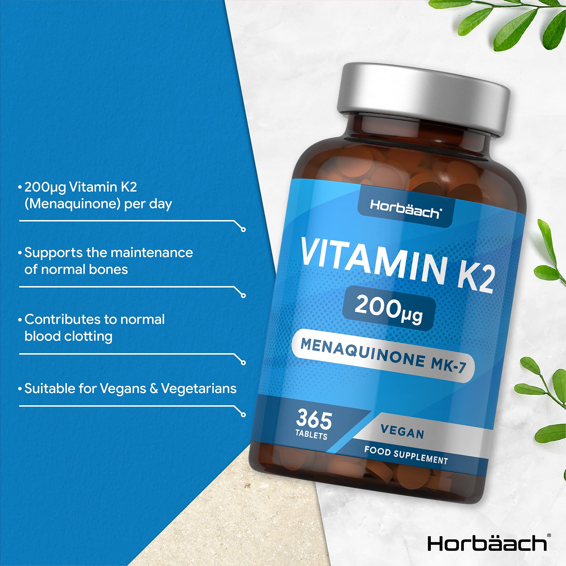 Vitamin K2 MK7 200ug | 365 Vegan Tablets | High Strength Menaquinone MK-7 Horbäach buy supplements canada