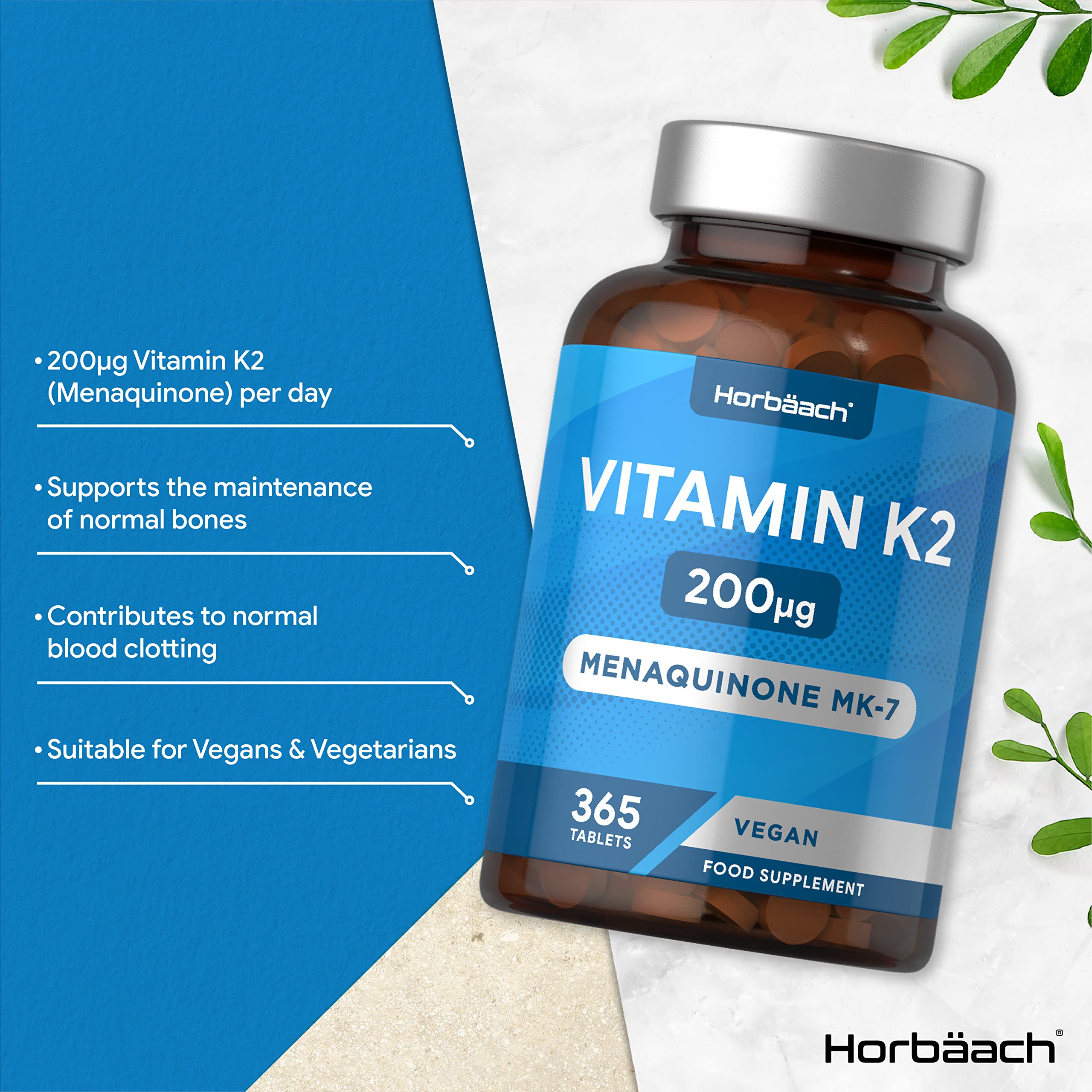 Vitamin K2 MK7 200ug | 365 Vegan Tablets | High Strength Menaquinone MK-7 Horbäach buy supplements canada