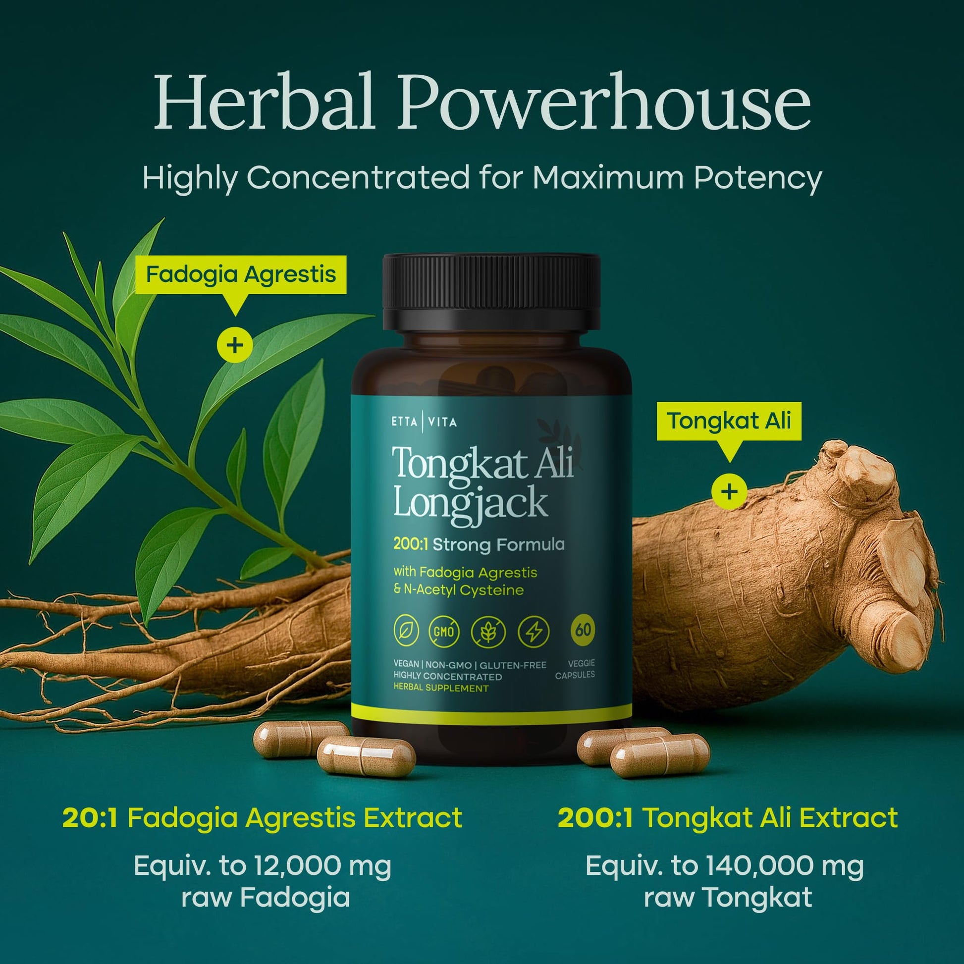 Potent Longjack - Tongkat Ali & Fadogia Agrestis Supplement for Men & Womens Energy, T Support, Lean Muscle Growth & Recovery, Hormonal Balance, Pre-Workout with Vegan NAC Liver Detox & Cleanse Etta Vita buy supplements canada