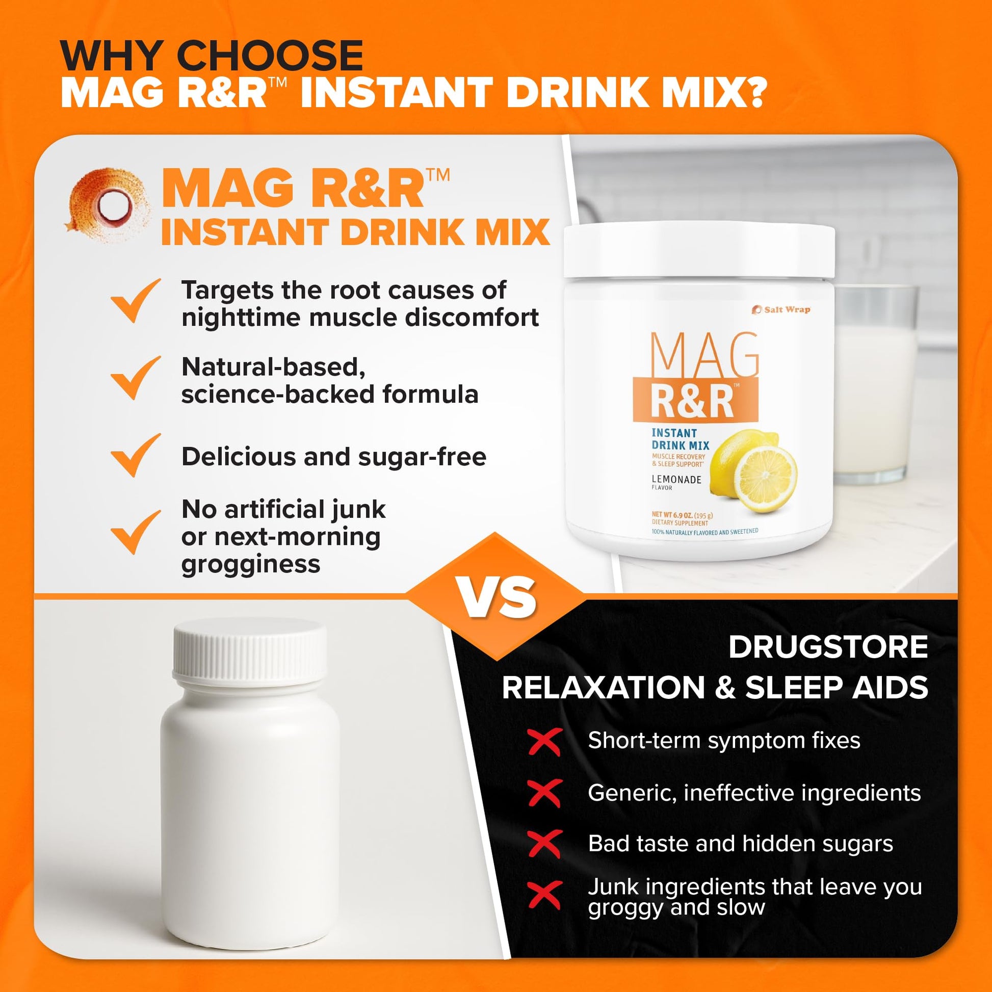 SaltWrap Mag R&R Instant Drink Mix - Sugar-Free Nighttime Magnesium Glycinate Powder with Stevia & FiberSMART® - Muscle Cramp & Leg Cramps Relief, Sleep & Relaxation Support - 30 Servings SaltWrap buy supplements canada