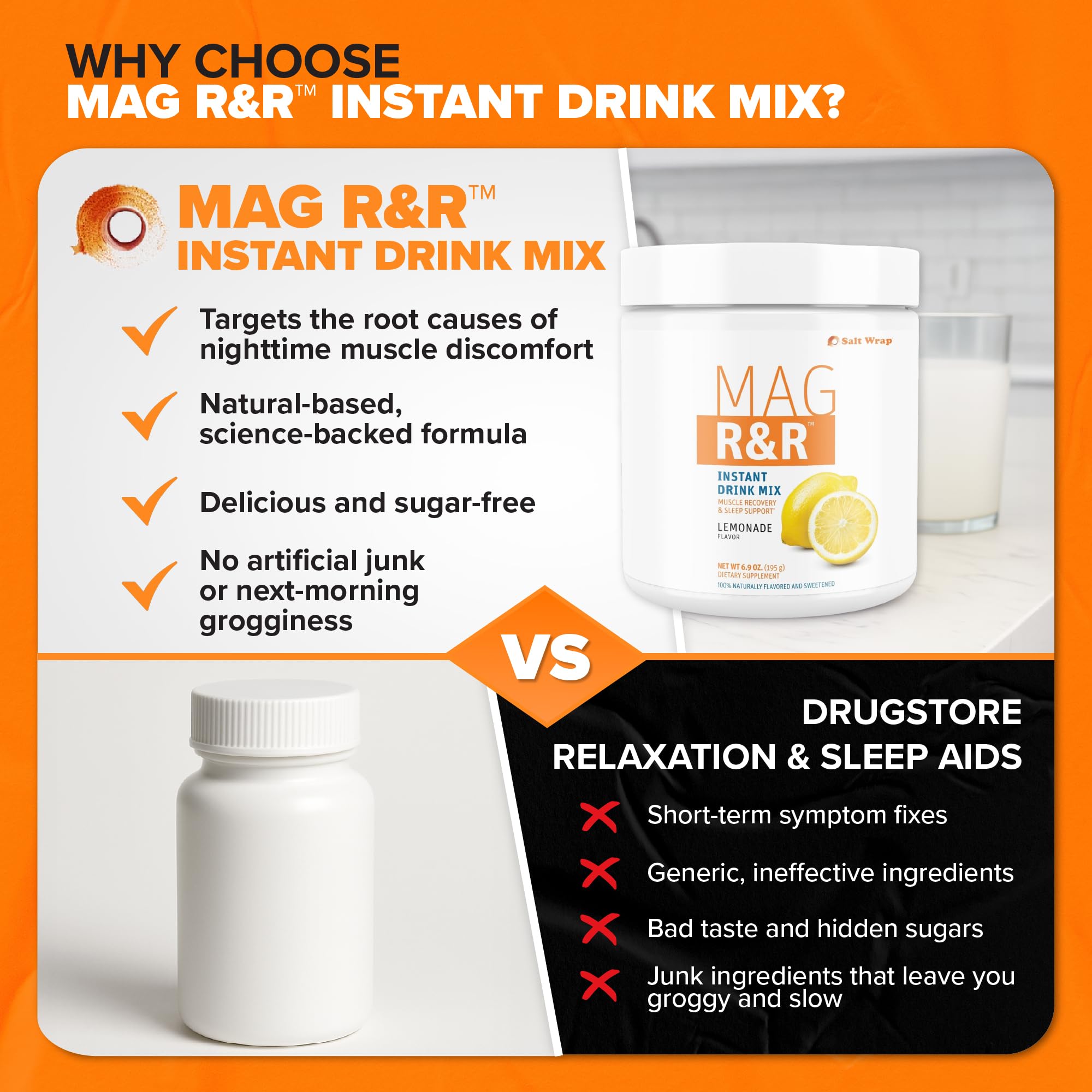 SaltWrap Mag R&R Instant Drink Mix - Sugar-Free Nighttime Magnesium Glycinate Powder with Stevia & FiberSMART® - Muscle Cramp & Leg Cramps Relief, Sleep & Relaxation Support - 30 Servings SaltWrap buy supplements canada
