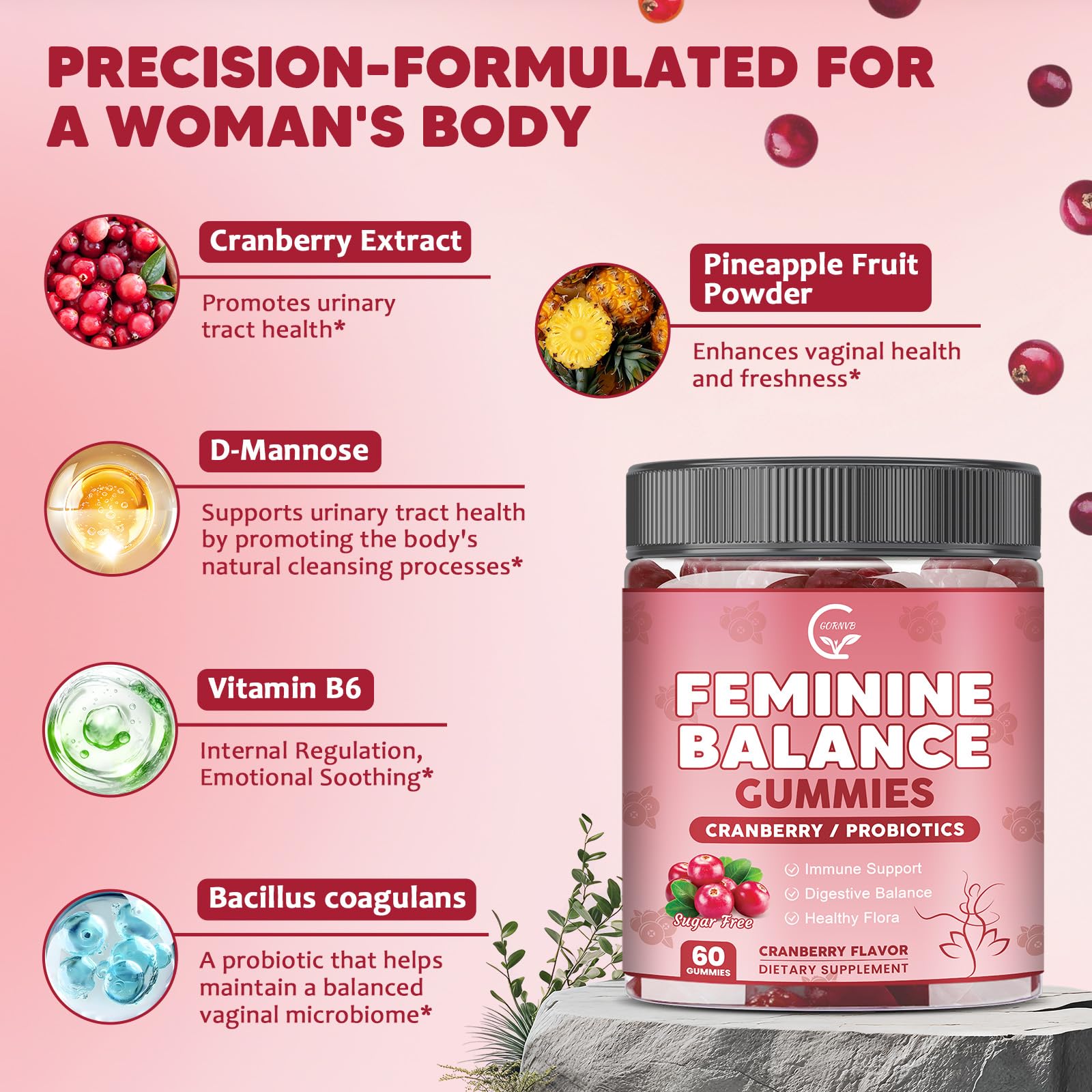 GORNVB Premium Feminine Balance Gummies for Women, Support pH Balance & Vaginal Probiotics Health Gummies with Cranberry Pineapple Powder, D-Mannose, Sugar Free, Gluten Free, Vegan GORNVB buy supplements canada