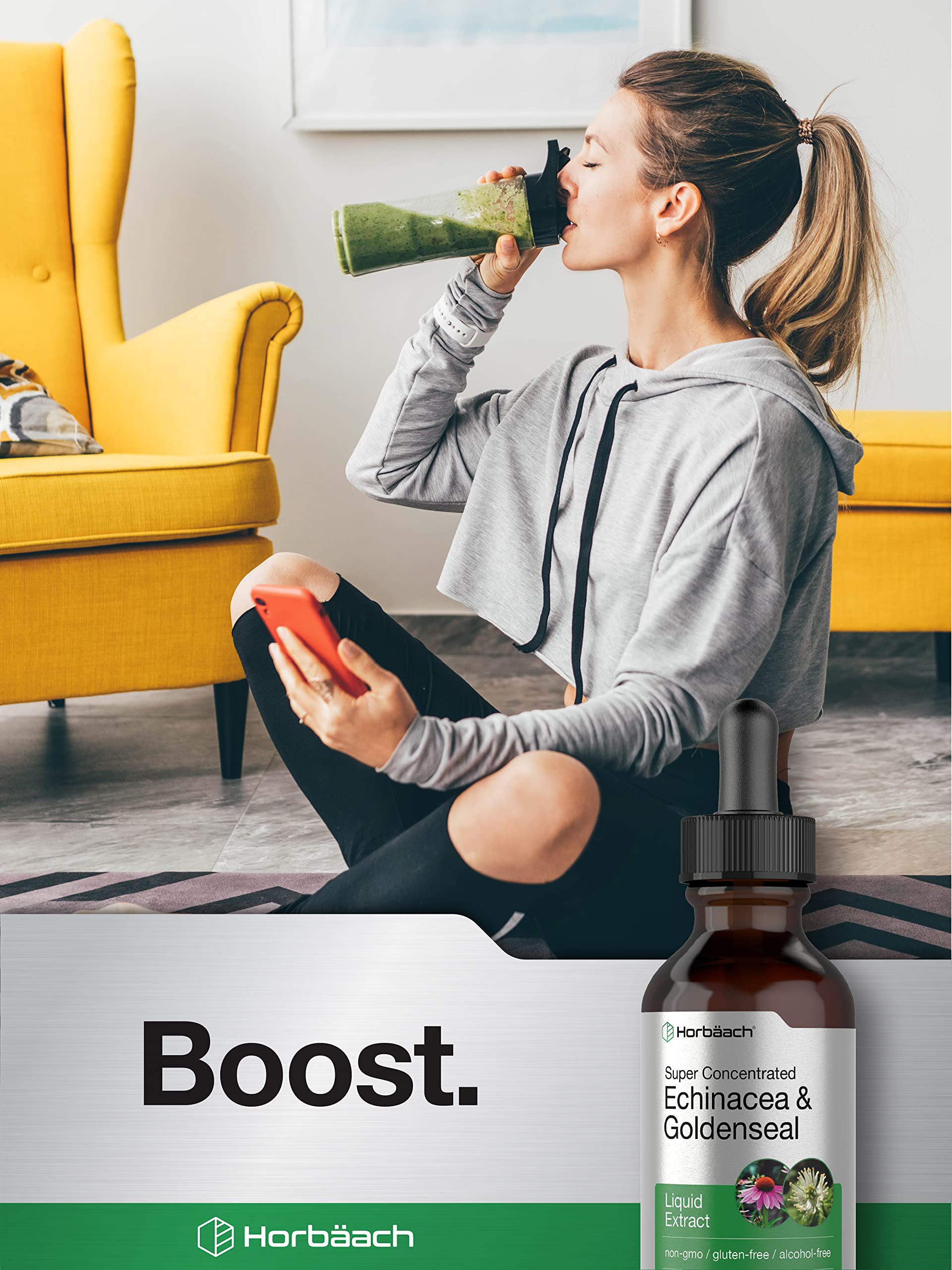 Echinacea Goldenseal Liquid Extract | 2 fl oz | Alcohol Free Tincture Drops | Vegetarian Horbäach buy supplements canada