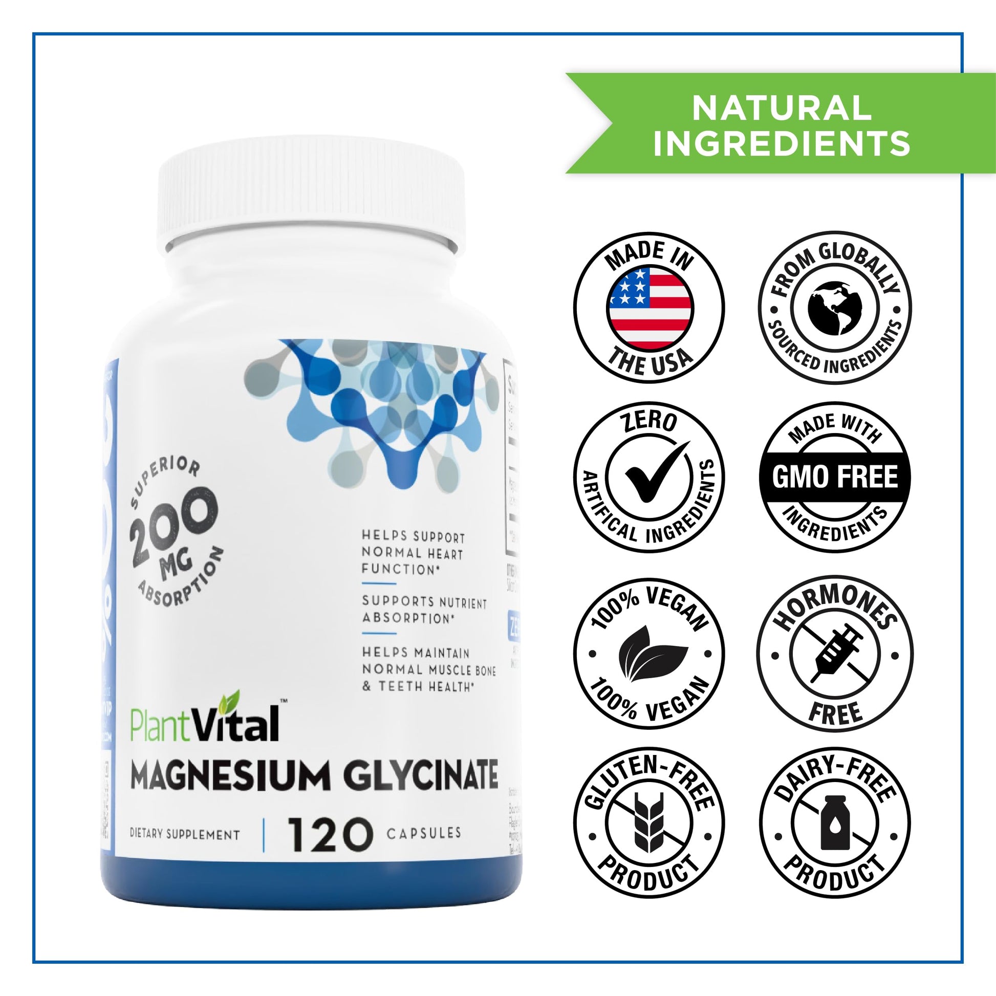 PlantVital Magnesium Glycinate 200mg - Supports Restful Sleep, Muscle & Nerve Function, Normal Heart & Bone Health - Feel Calm & Relax - Vegan, Third Party Tested, Gluten Free, Non-GMO - 120 Capsules Plantvital buy supplements canada