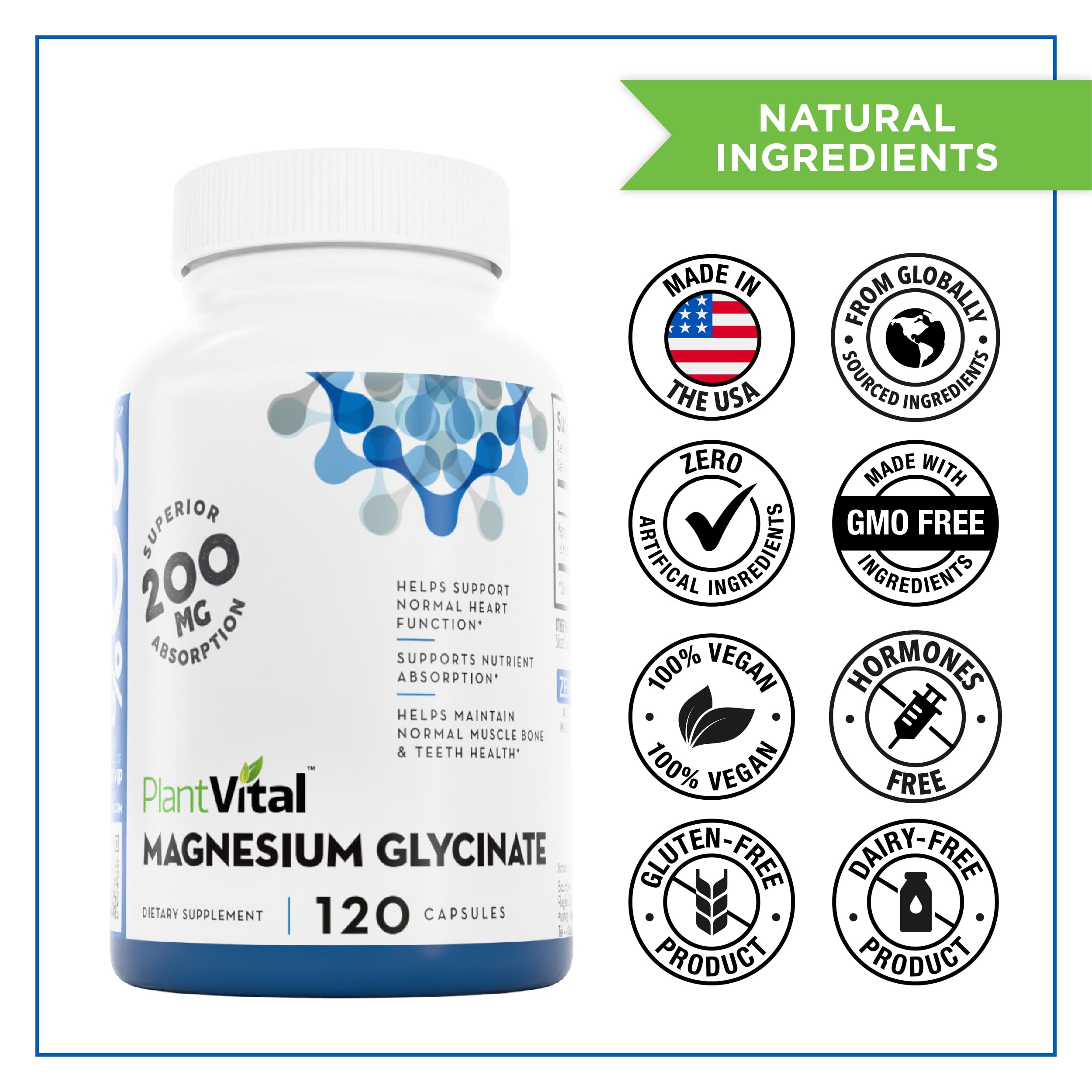 PlantVital Magnesium Glycinate 200mg - Supports Restful Sleep, Muscle & Nerve Function, Normal Heart & Bone Health - Feel Calm & Relax - Vegan, Third Party Tested, Gluten Free, Non-GMO - 120 Capsules Plantvital buy supplements canada