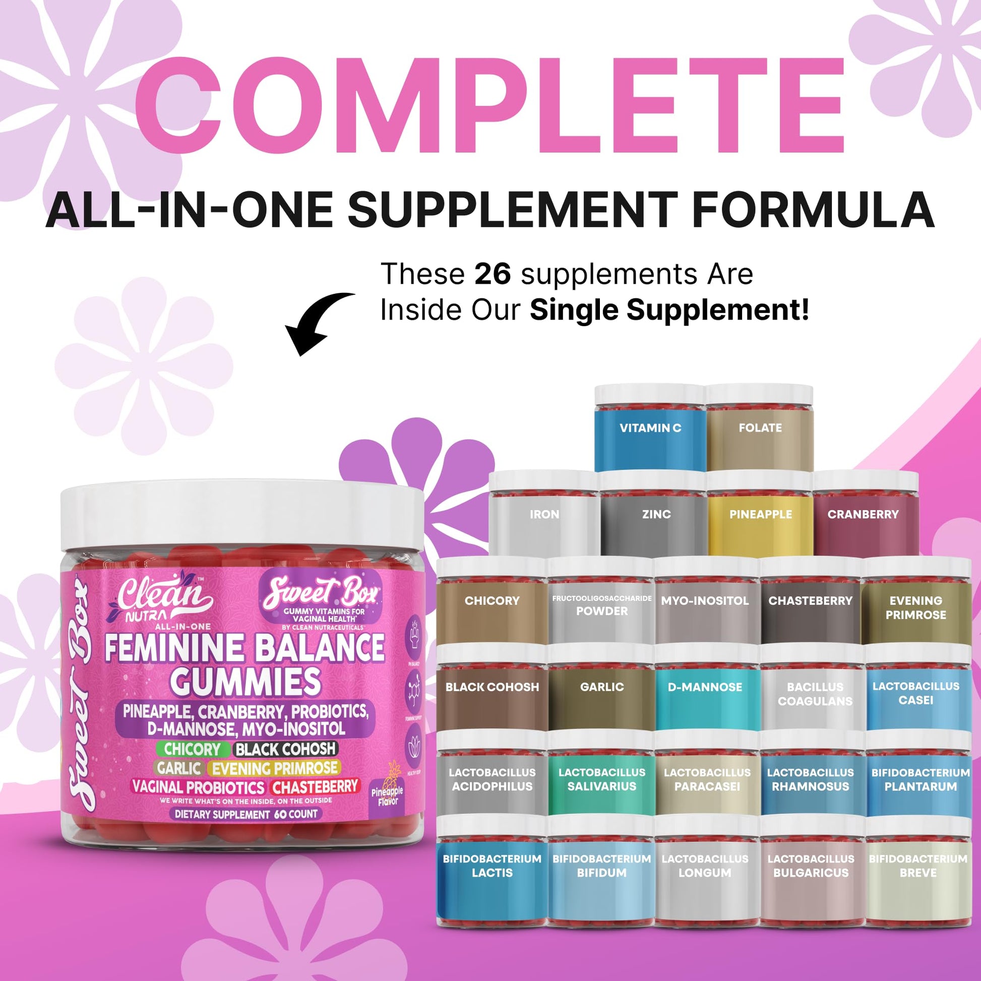Clean Nutra Feminine Balance Gummies for Women Pineapple VaginalProbiotics pH Balance Cranberry D Mannose Supplement Inositol Black Cohosh Evening Primrose Garlic Vitex GLA Prebiotics Folate 60ct Clean Nutraceuticals buy supplements canada