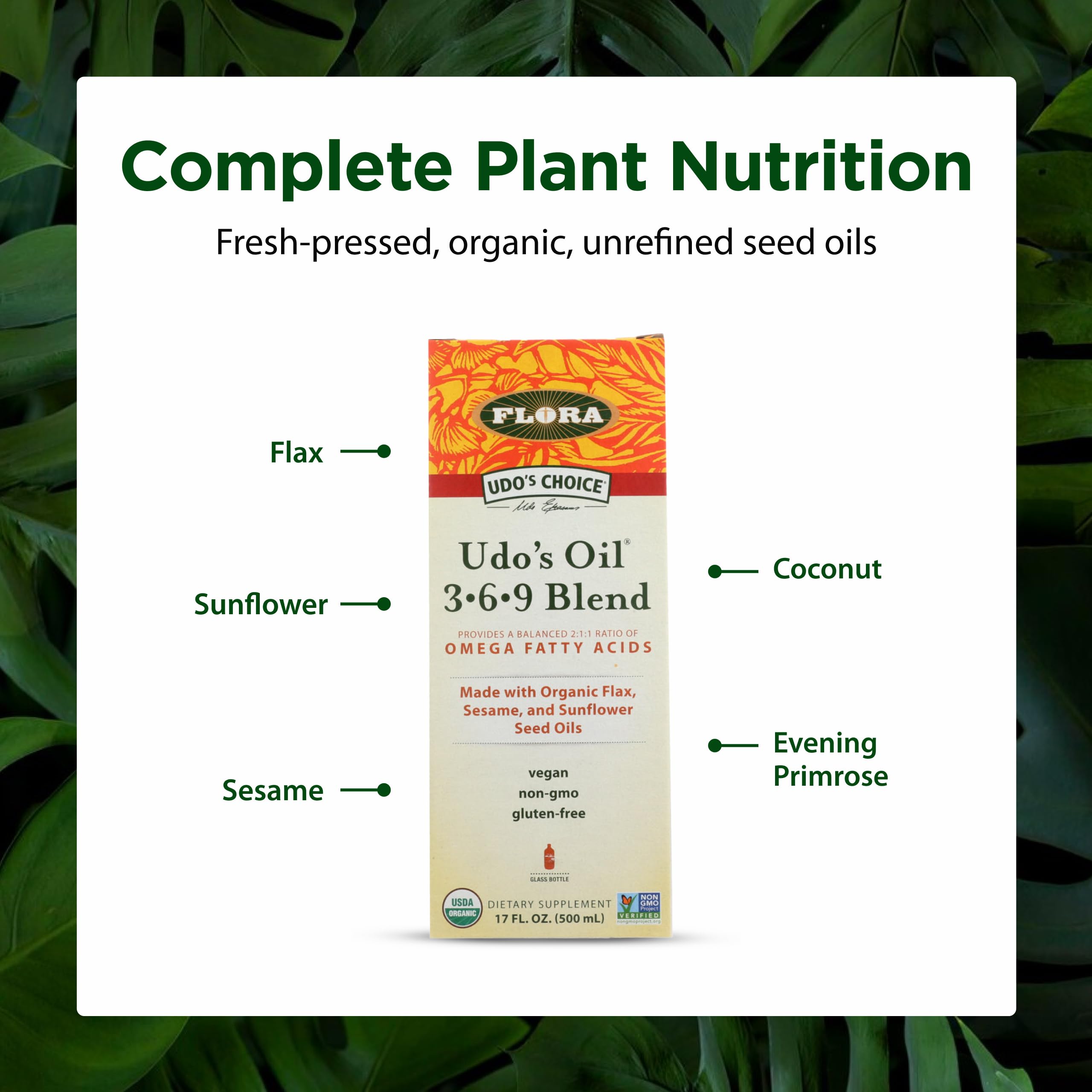 Flora - Udo's Choice Omega 369 Oil Blend, Made with Organic Flax, Sesame & Sunflower Seed Oils, Plant-Based Vegan Omega Fatty Acids, Based on Ideal 2:1:1 Ratio, 17-fl, oz. Glass Bottle Flora buy supplements canada