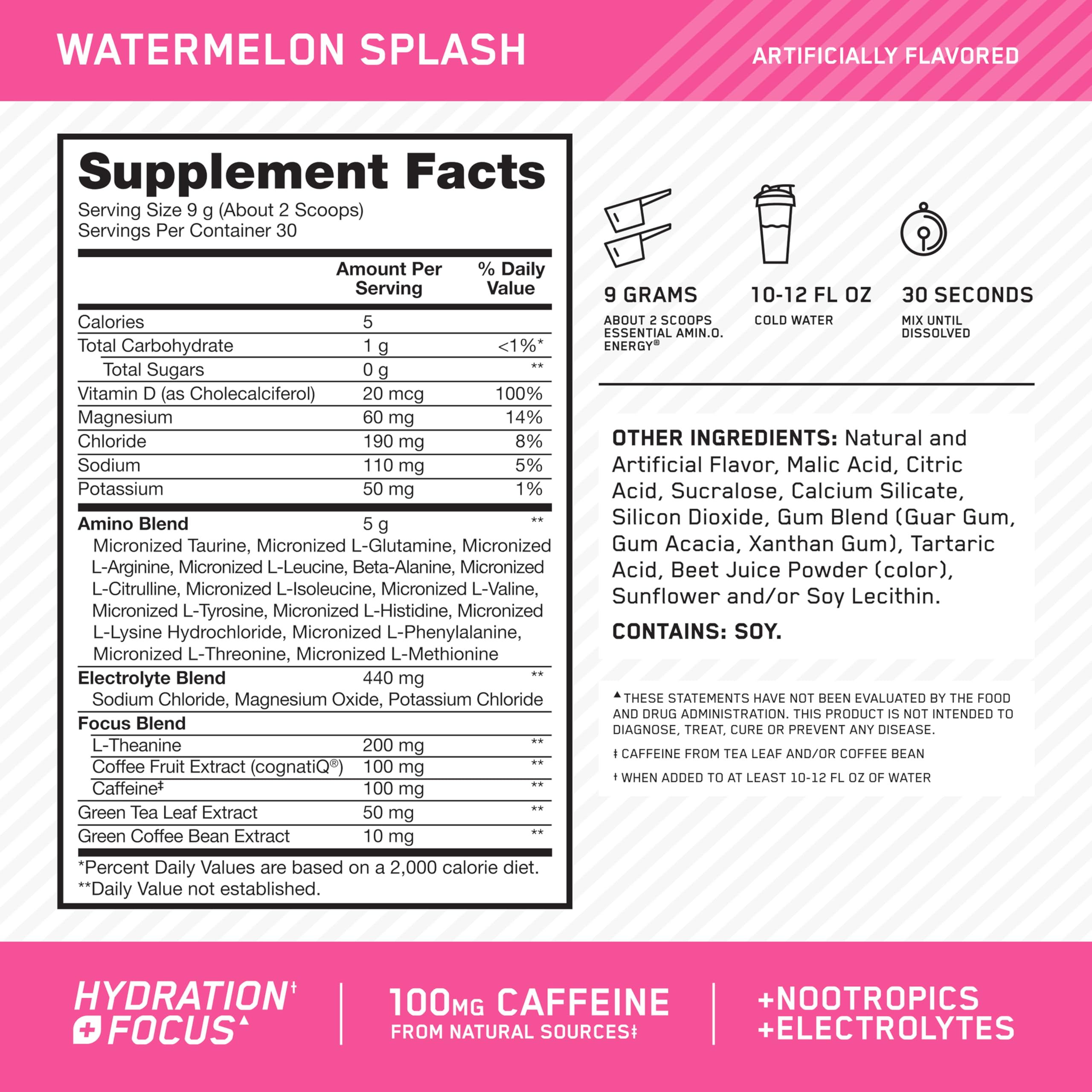 Optimum Nutrition Amino Energy Powder Plus Focus, with BCAA, Electrolytes, and Caffeine, Watermelon, 30 Servings (Packaging May Vary) Optimum Nutrition buy supplements canada