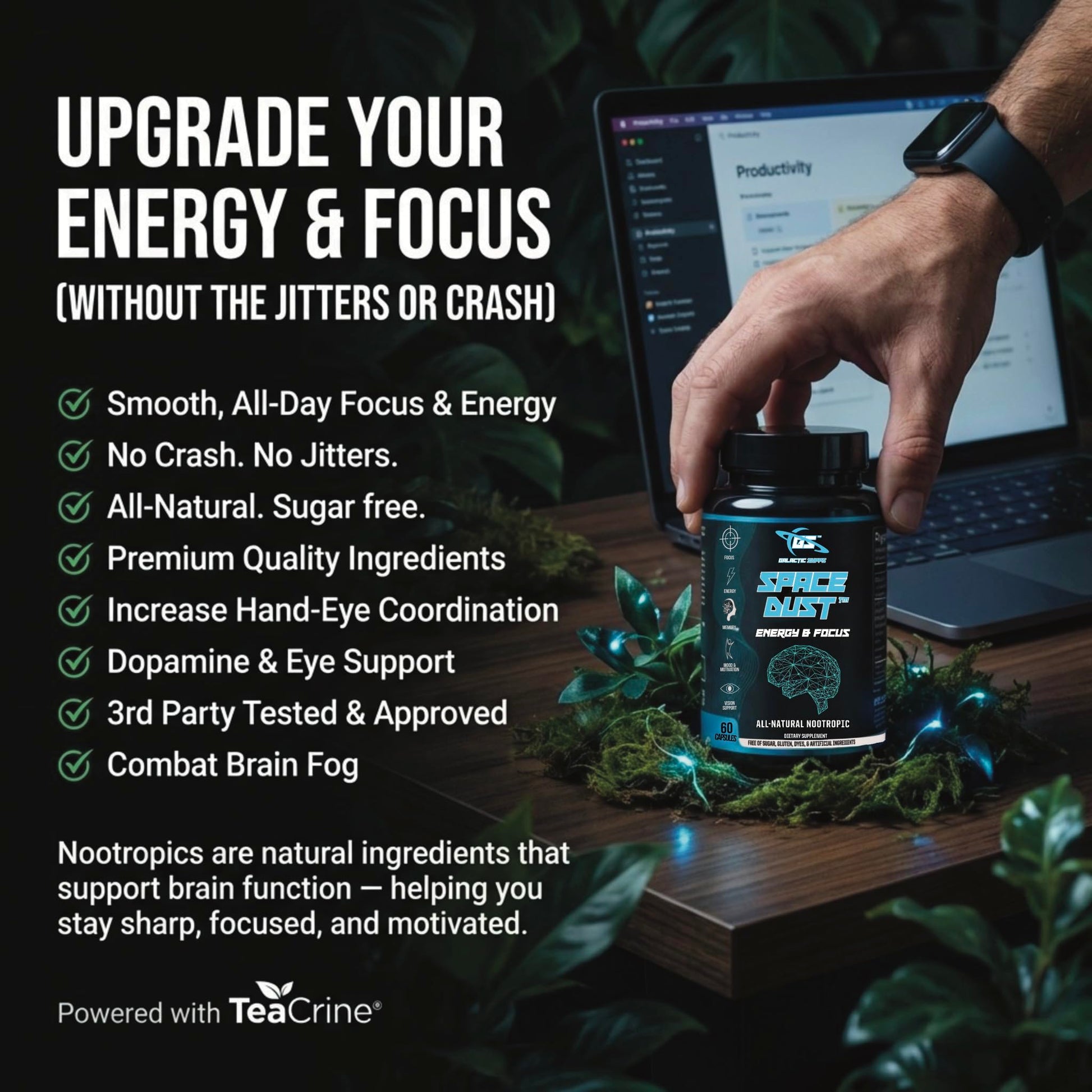Space Dust Brain Supplements for Memory and Focus – Nootropic Focus Supplement for Brain Health & Mind Boost with TeaCrine, Caffeine, L-Tyrosine, L-Theanine – Cognitive Support Capsules, 60 Count GALACTIC SUPPS buy supplements canada