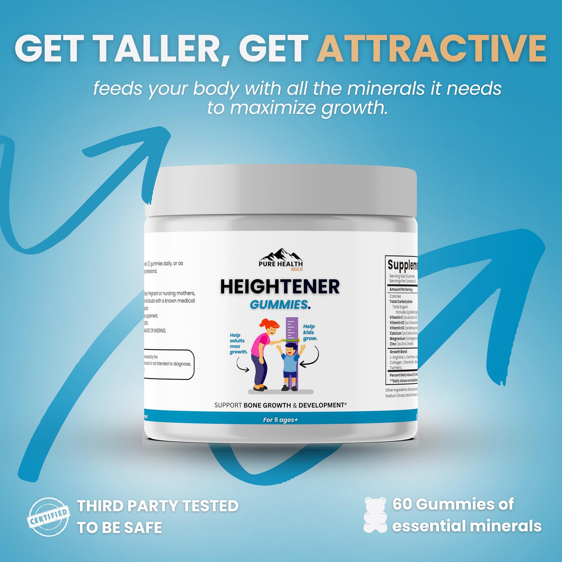 Heightener Gummies - Natural Height Growth Supplement for Kids, Teens and Adults to Increase Bone Strength and Grow Tall | Height Maximizer Pills with L-Arginine, Calcium & Zinc | 60 Gummy PURE HEALTH MAX buy supplements canada