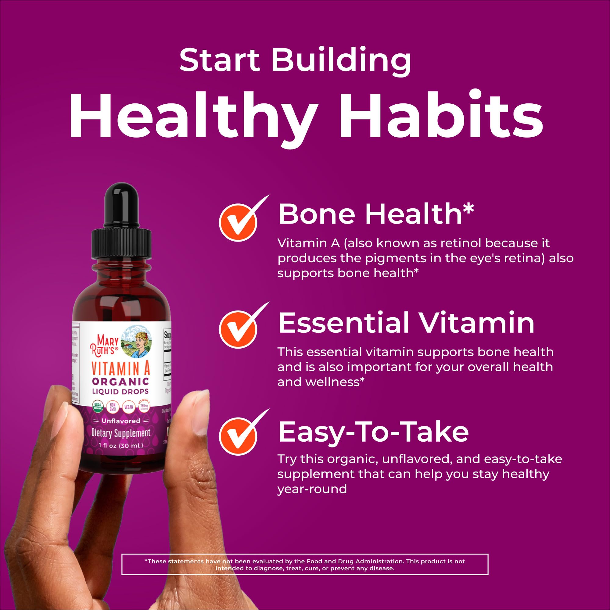 MaryRuth Organics USDA Organic Vitamin A Liquid Drops | 3 Month Supply | Bone Health for Ages 14+ | Essential Vitamin | 750mcg per Serving | Sugar Free | Vegan | Non-GMO | Gluten Free | 1oz MARYRUTH'S buy supplements canada