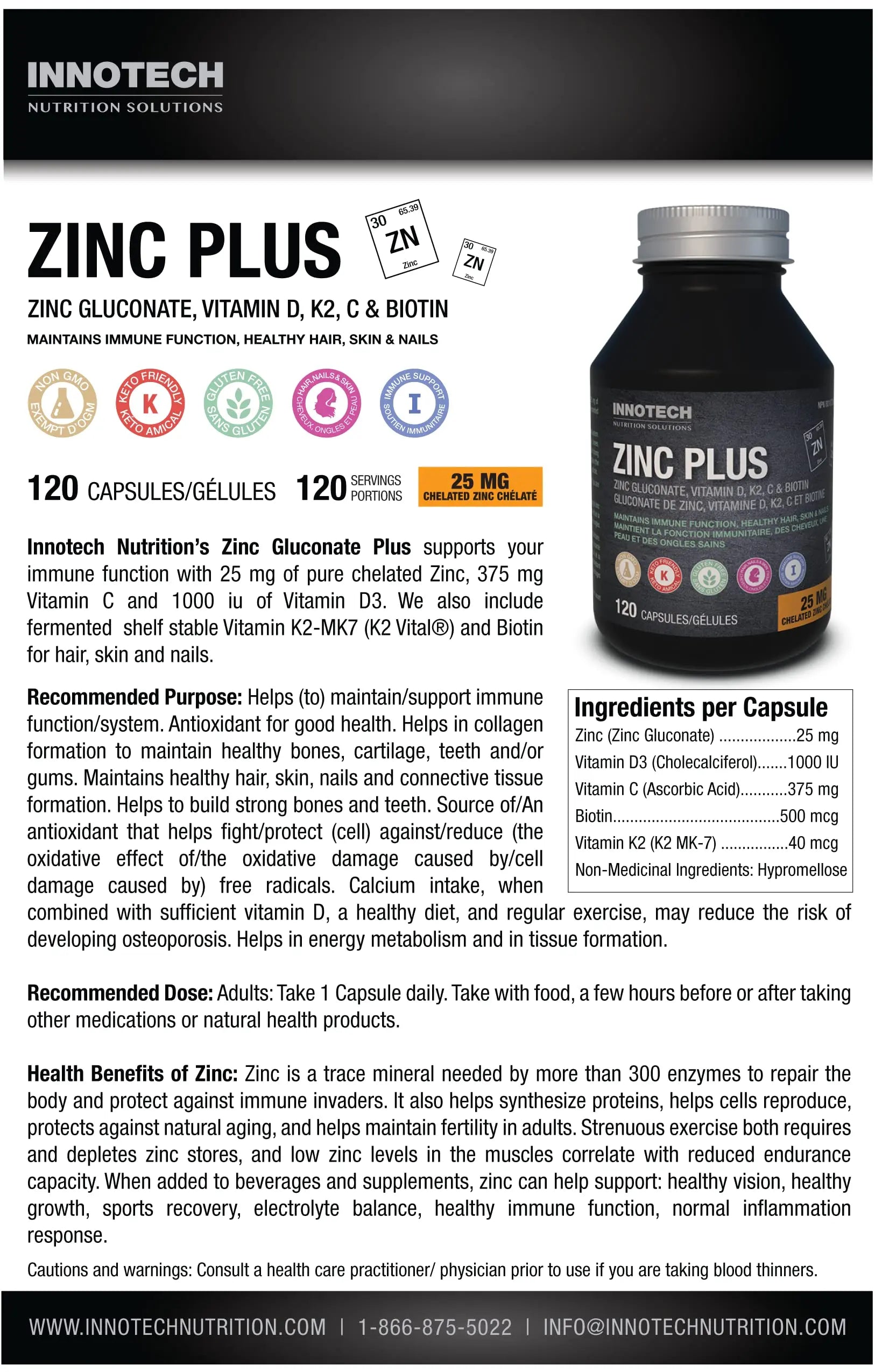 Innotech Nutrition Zinc Plus Immune Hair Skin & Nails Support Chelated Zinc Vitamin D3 & Biotin 120 Vegan Capsules Innotech Nutrition Solutions buy supplements canada