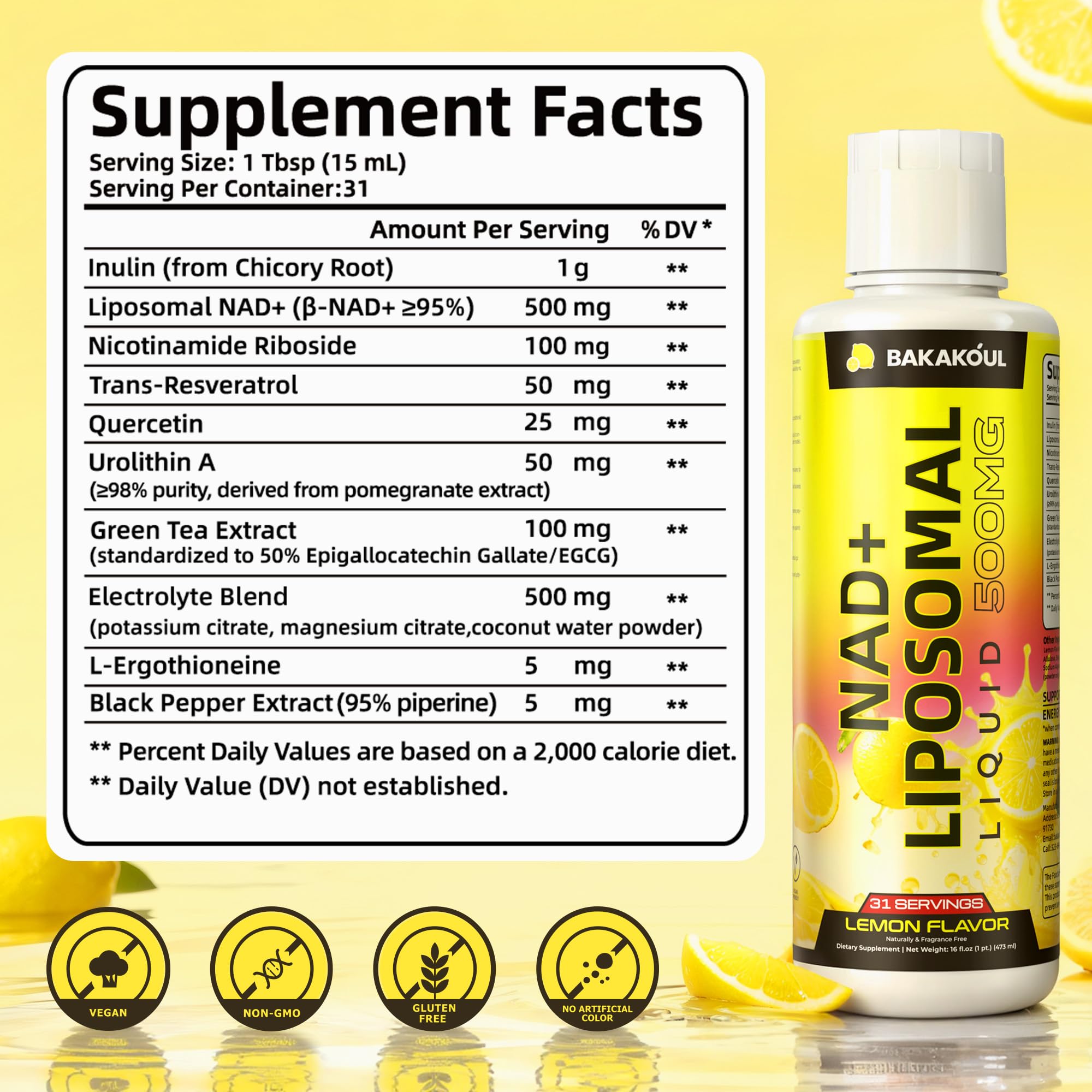 Liposomal NAD+ Liquid Supplement - Designed to Help Support Absorption - Nhanced Cellular Uptake, Helps Support Normal Cellular Health, Supports Cellular Energy Metabolism and Vitality - Lemon Flavor BAKAKOUL buy supplements canada